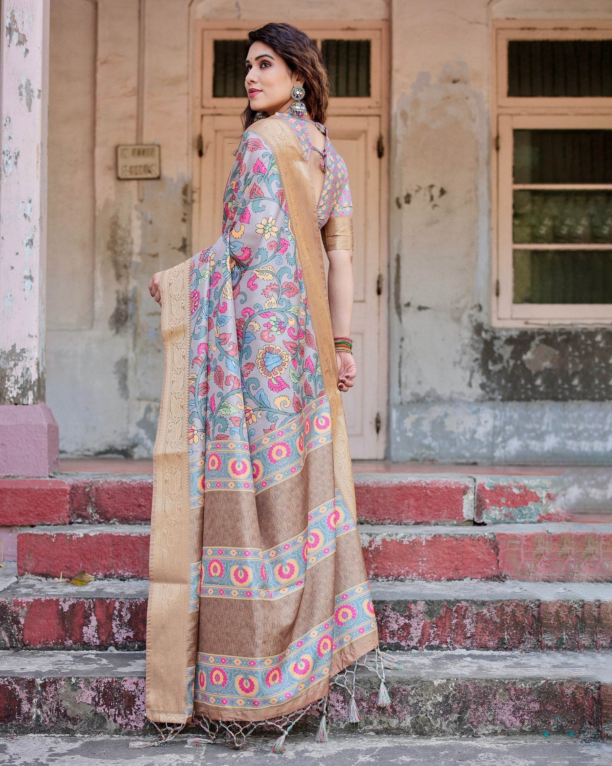 Dark Grey & Cream Floral Printed Cotton Silk Saree