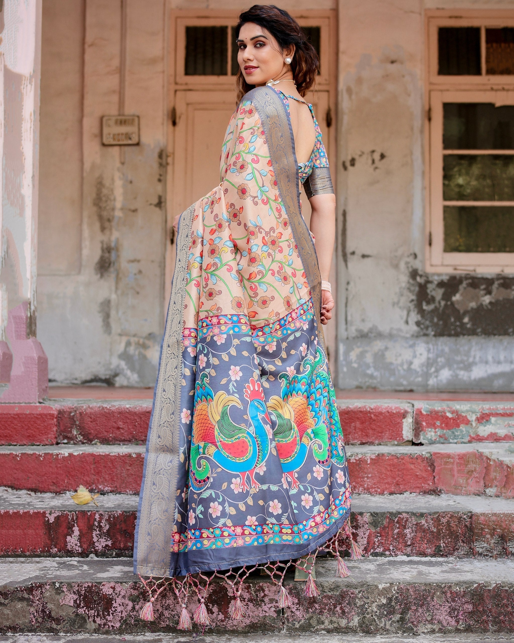 Light Peach Floral Printed Cotton Silk Saree