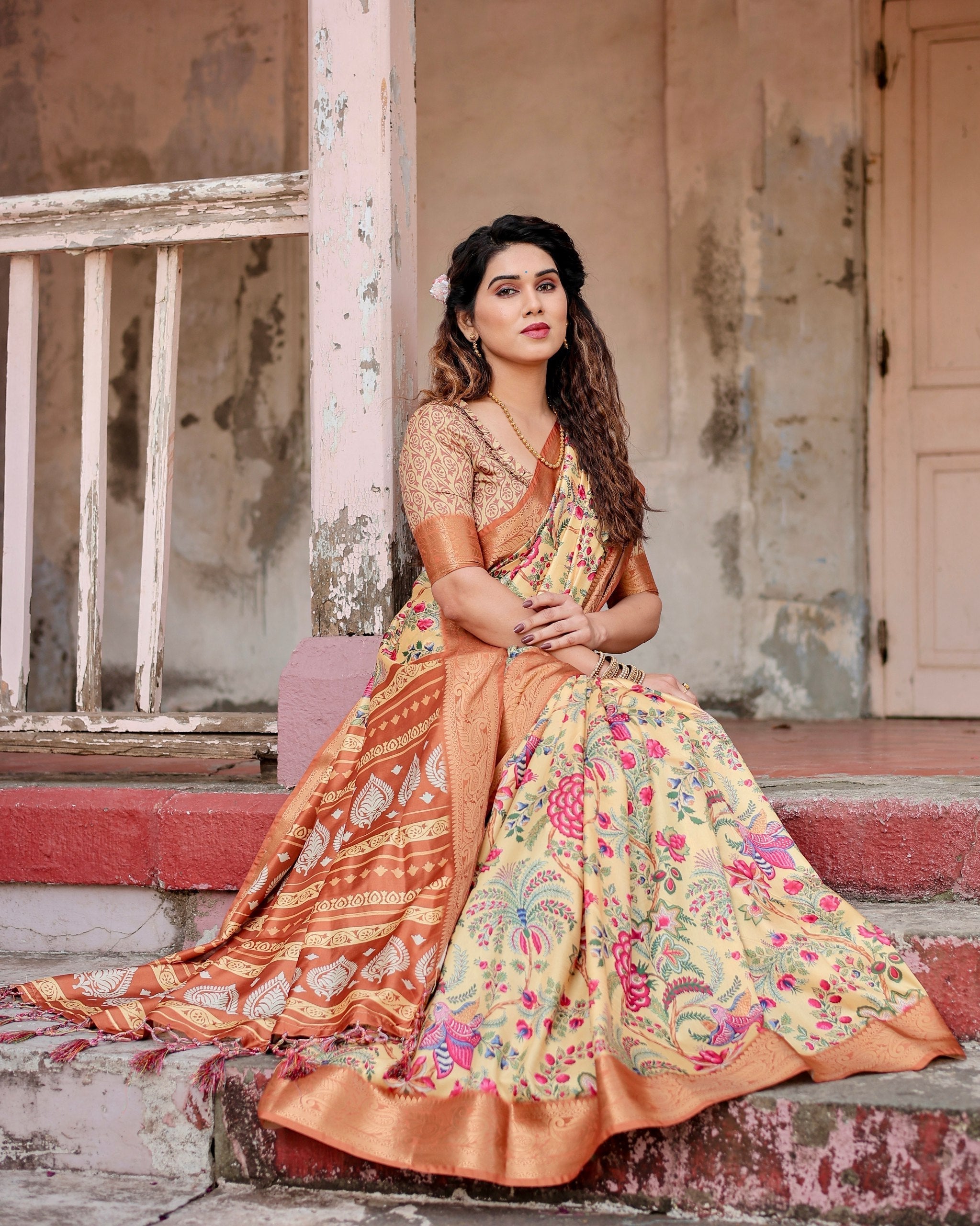 Light Yellow & Light Brown Floral Printed Cotton Silk Saree