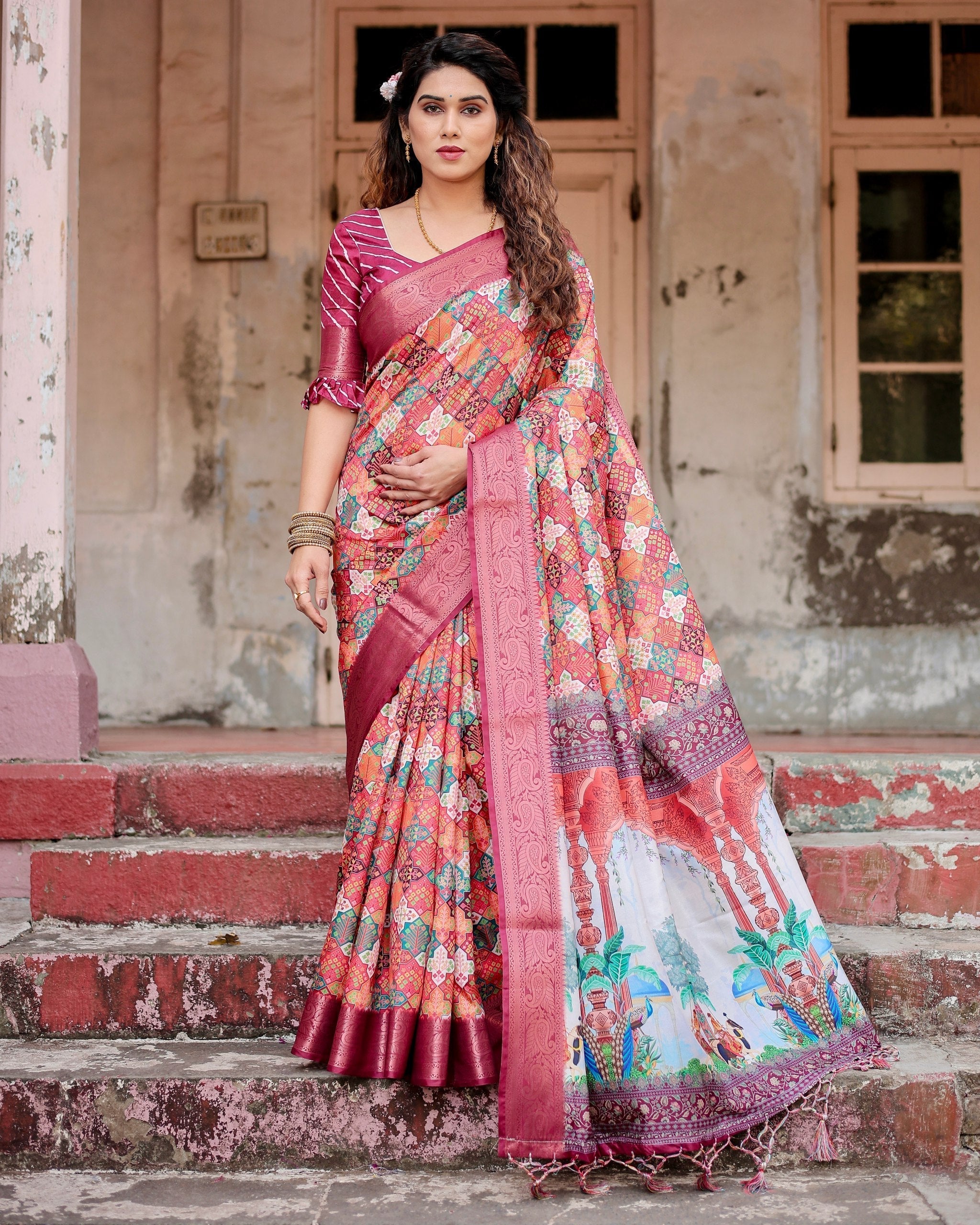 Light icultural Floral Printed Cotton Silk Saree
