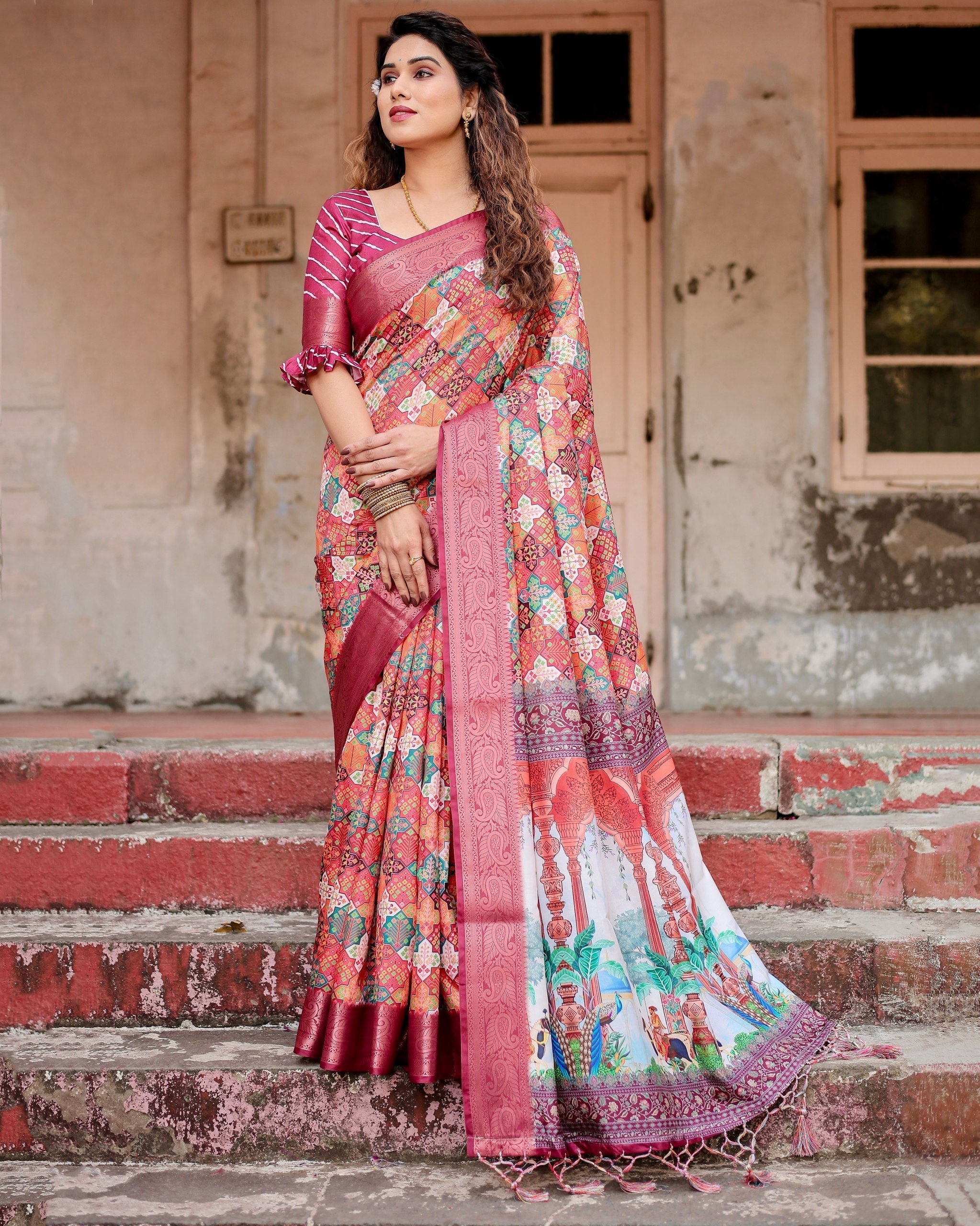 Light icultural Floral Printed Cotton Silk Saree