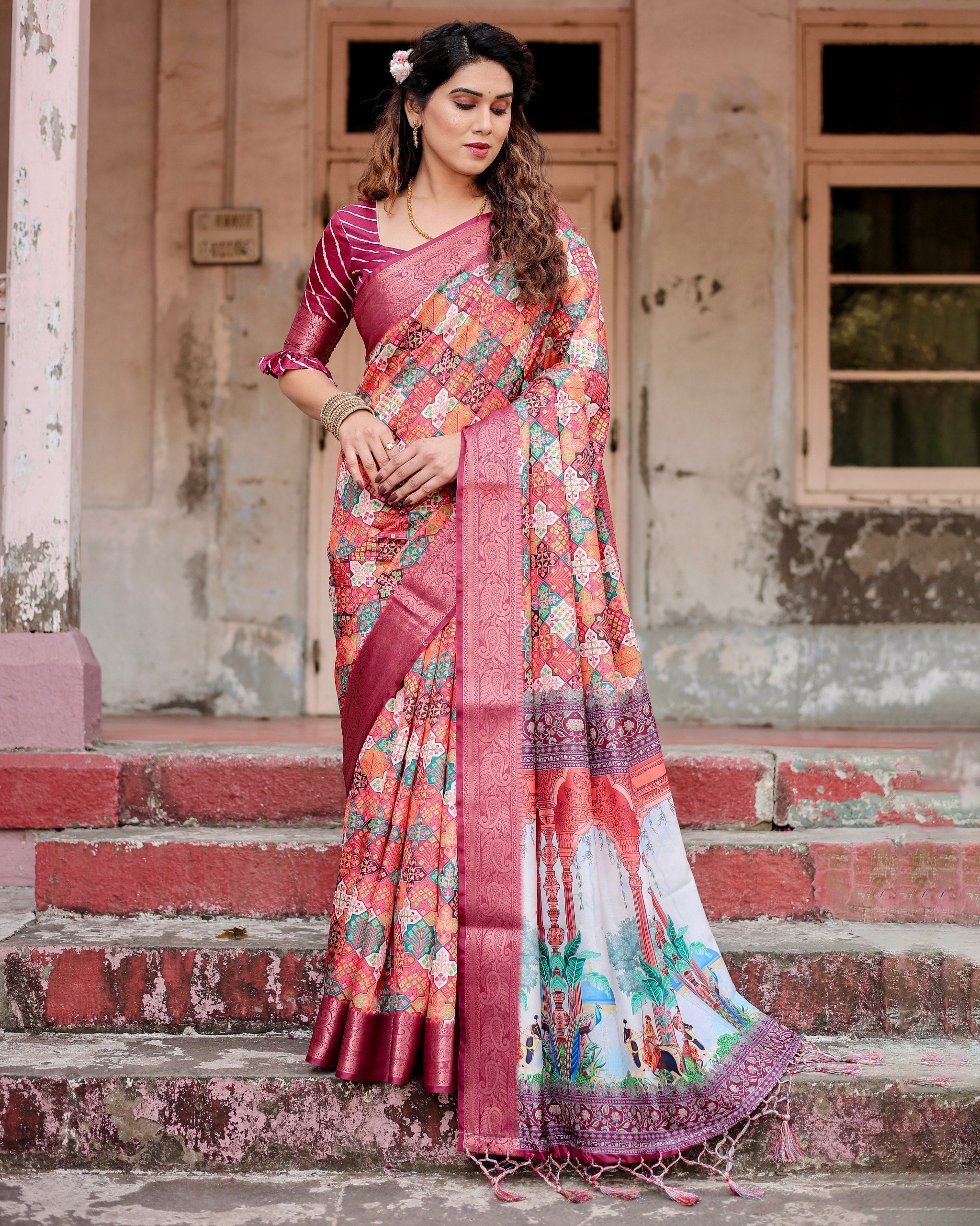 Light icultural Floral Printed Cotton Silk Saree