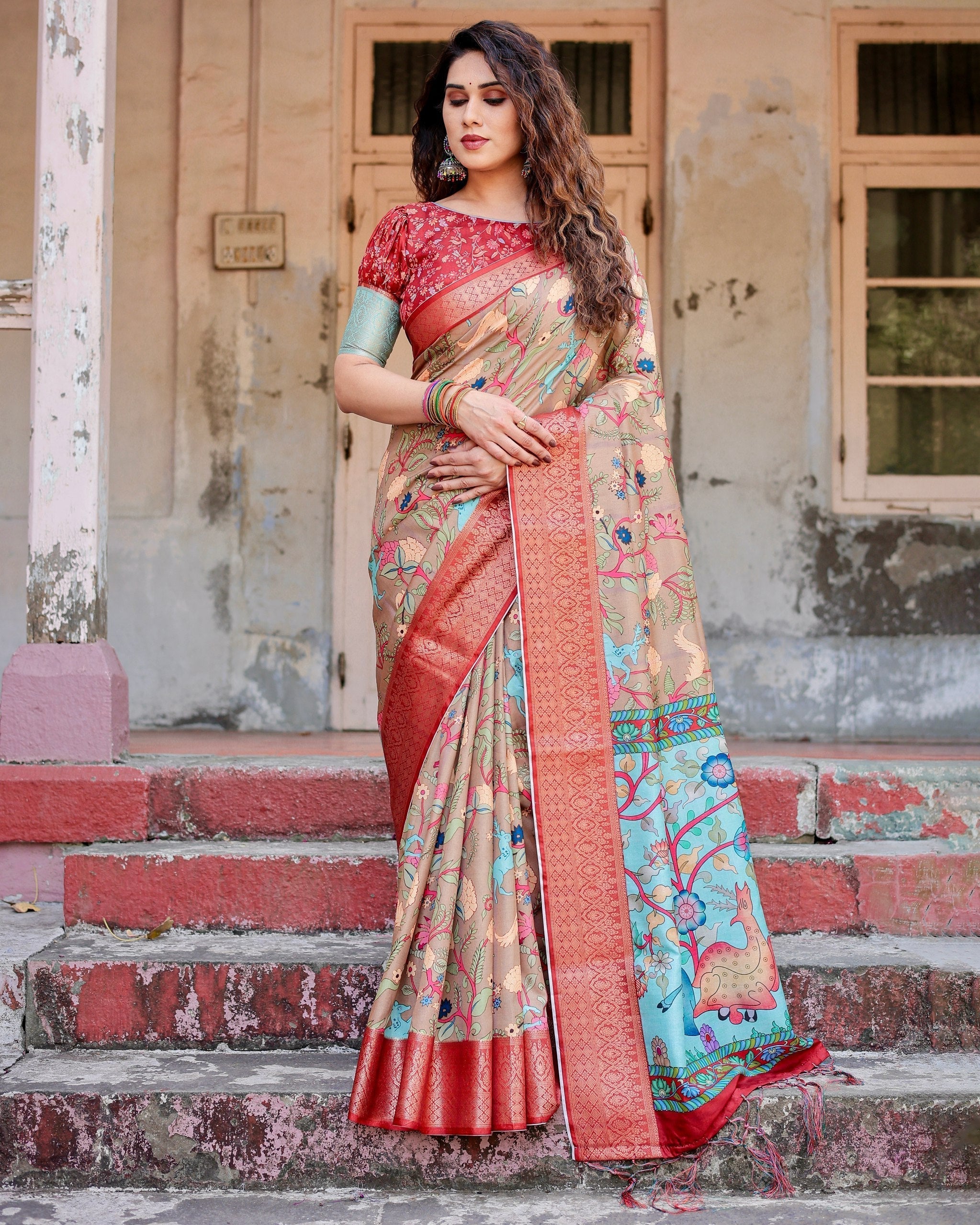 icultural Beige Floral Printed Cotton Silk Saree