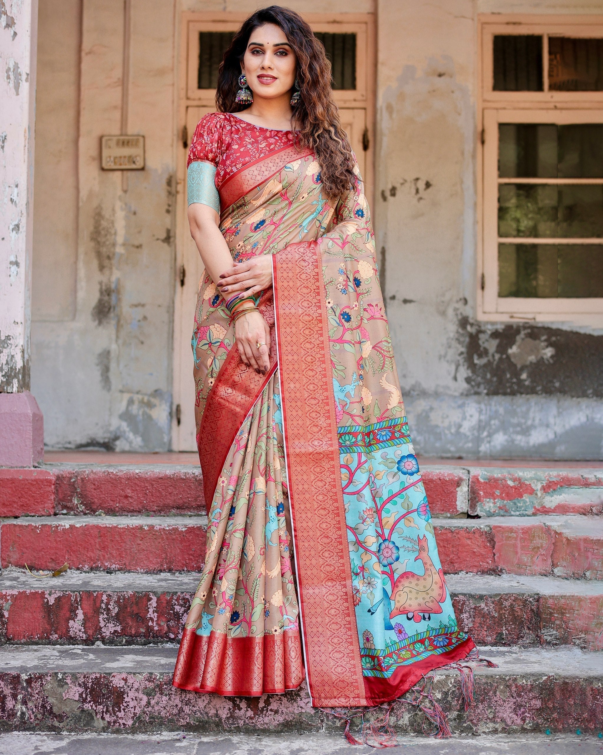 icultural Beige Floral Printed Cotton Silk Saree