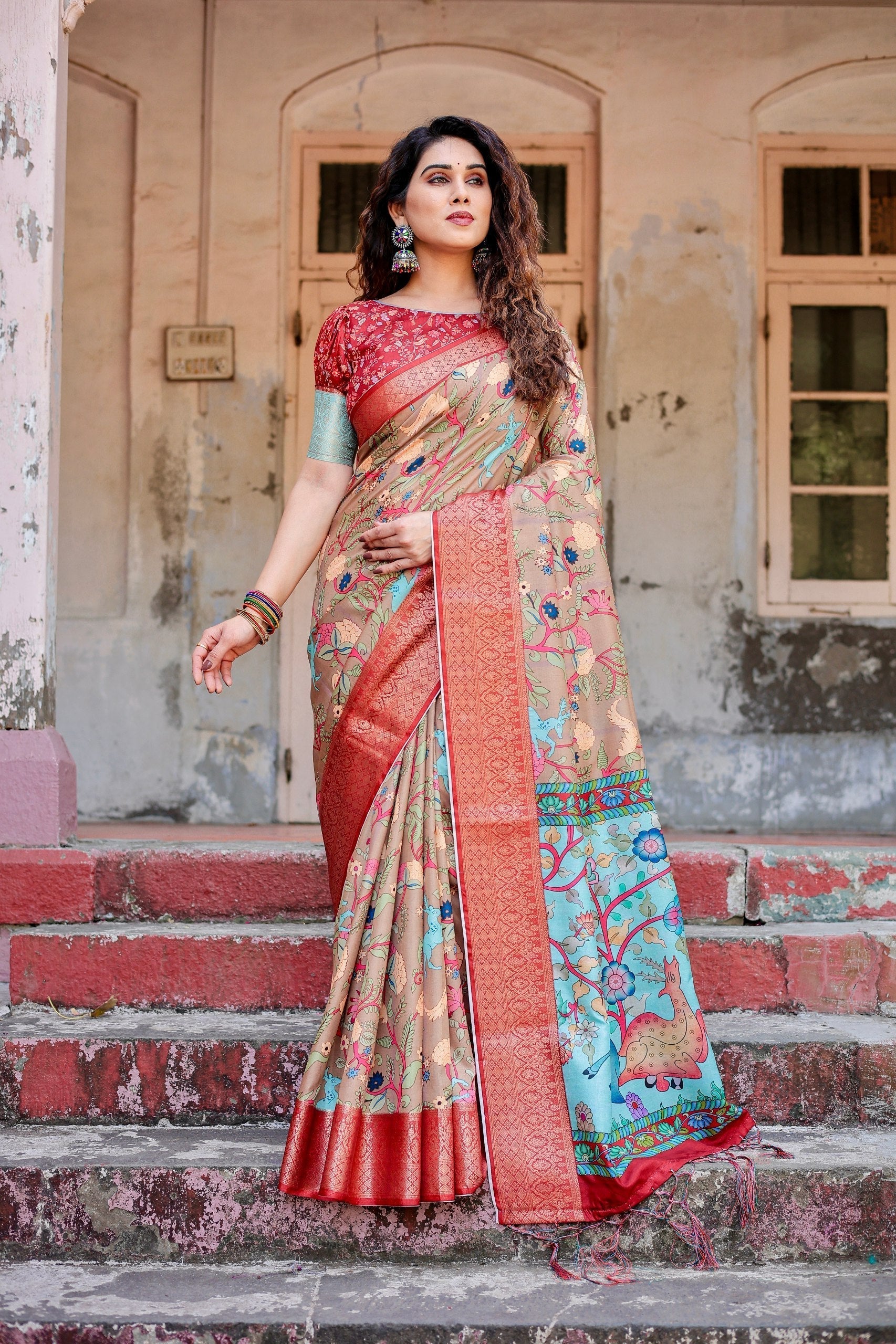 icultural Beige Floral Printed Cotton Silk Saree