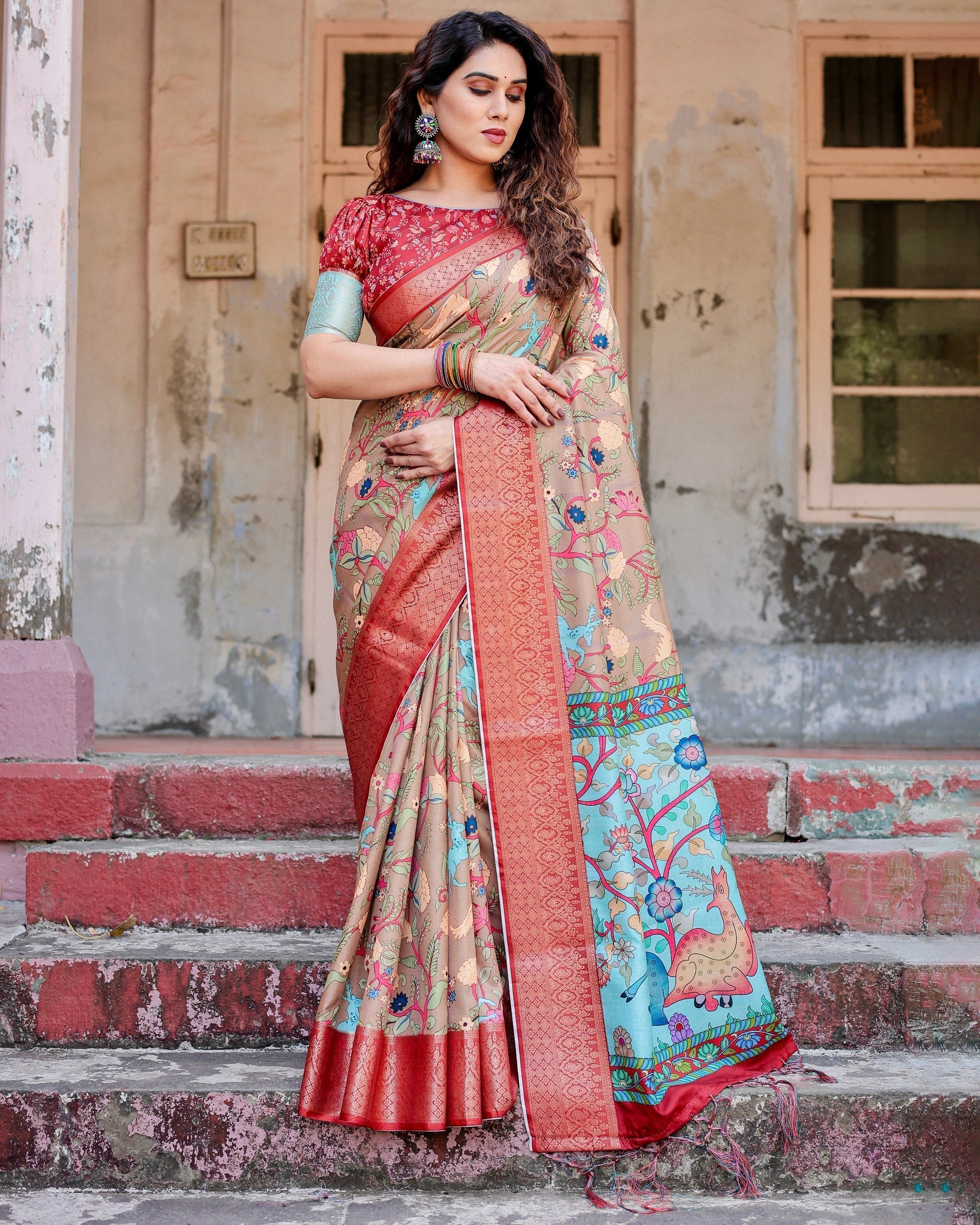 icultural Beige Floral Printed Cotton Silk Saree