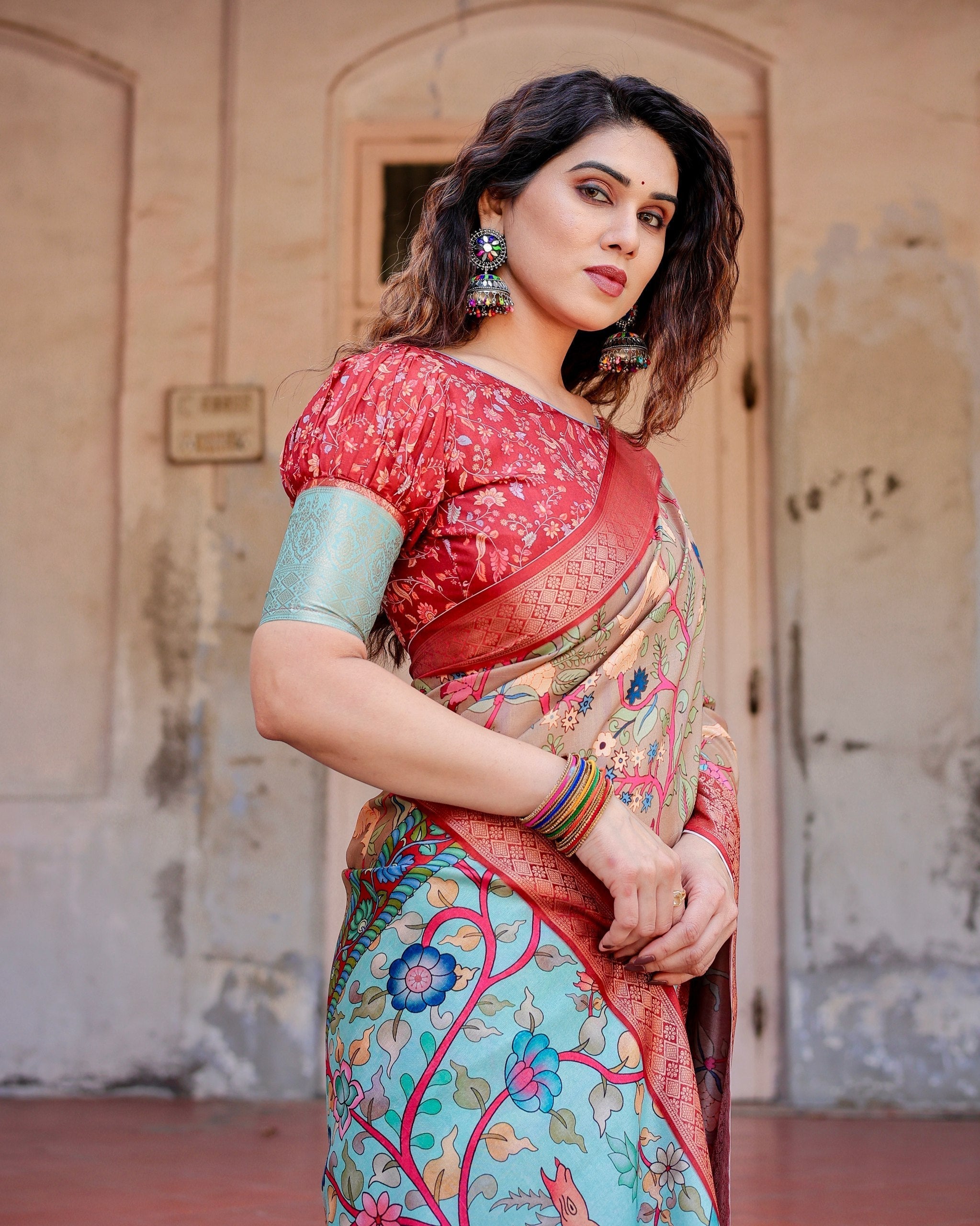 icultural Beige Floral Printed Cotton Silk Saree