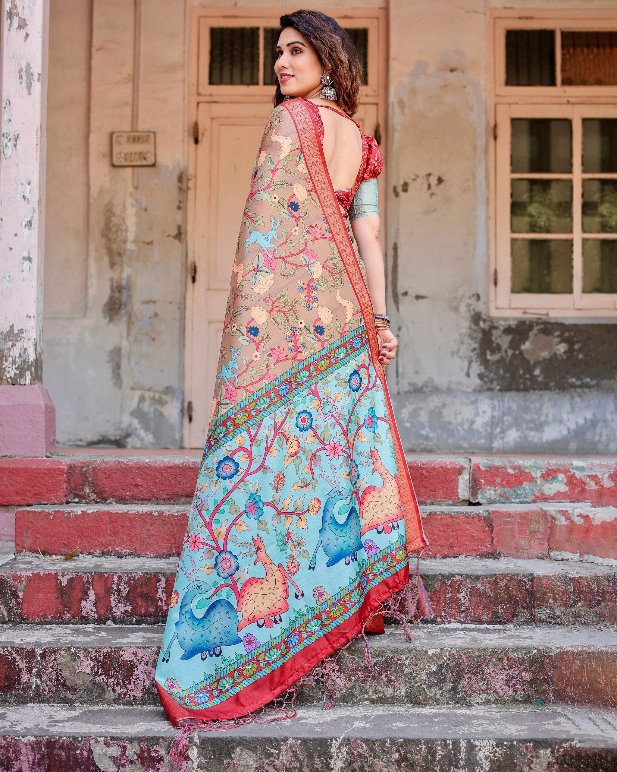 icultural Beige Floral Printed Cotton Silk Saree