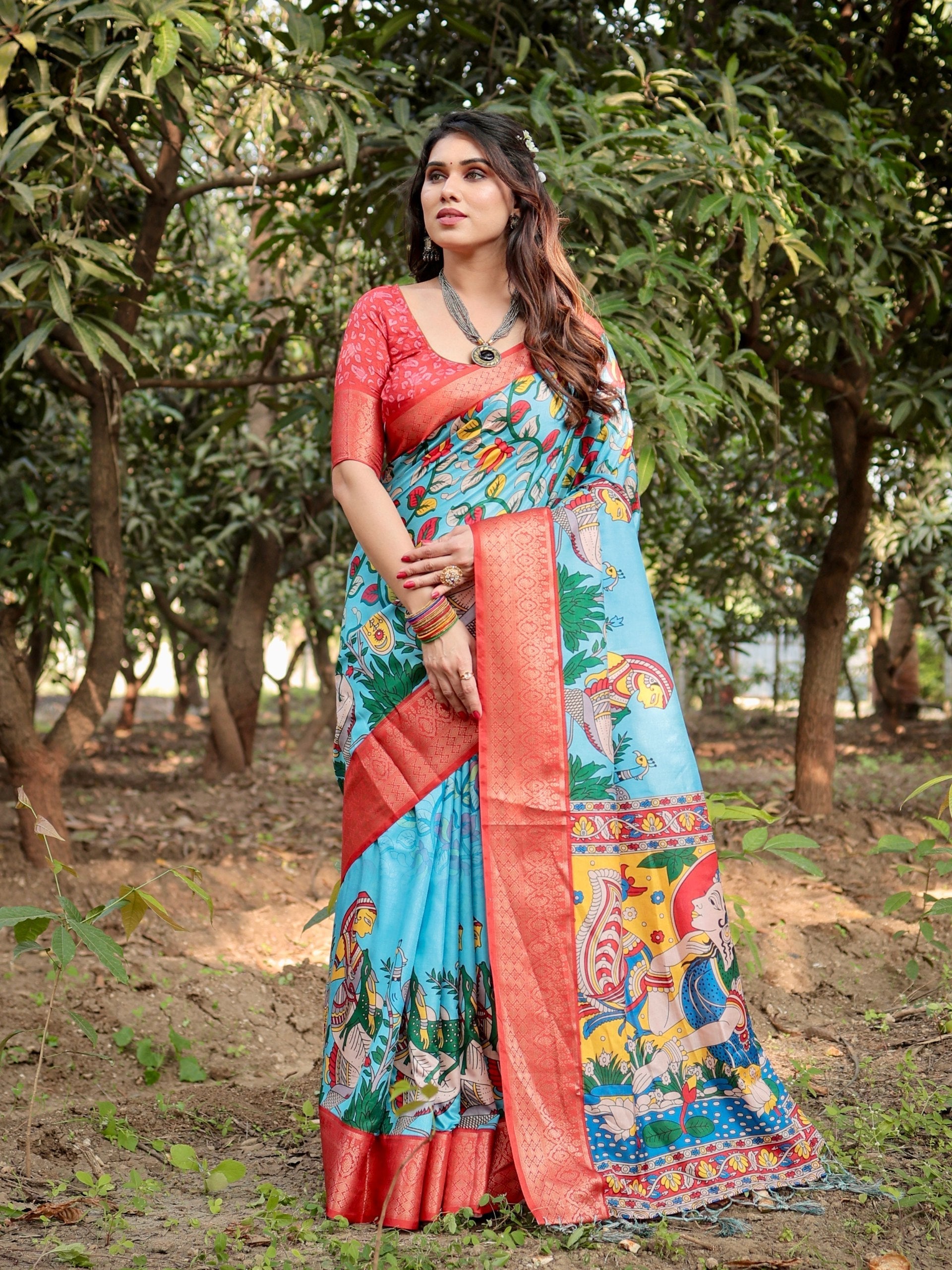 icultural Sky Blue Color Floral Printed Cotton Silk Saree