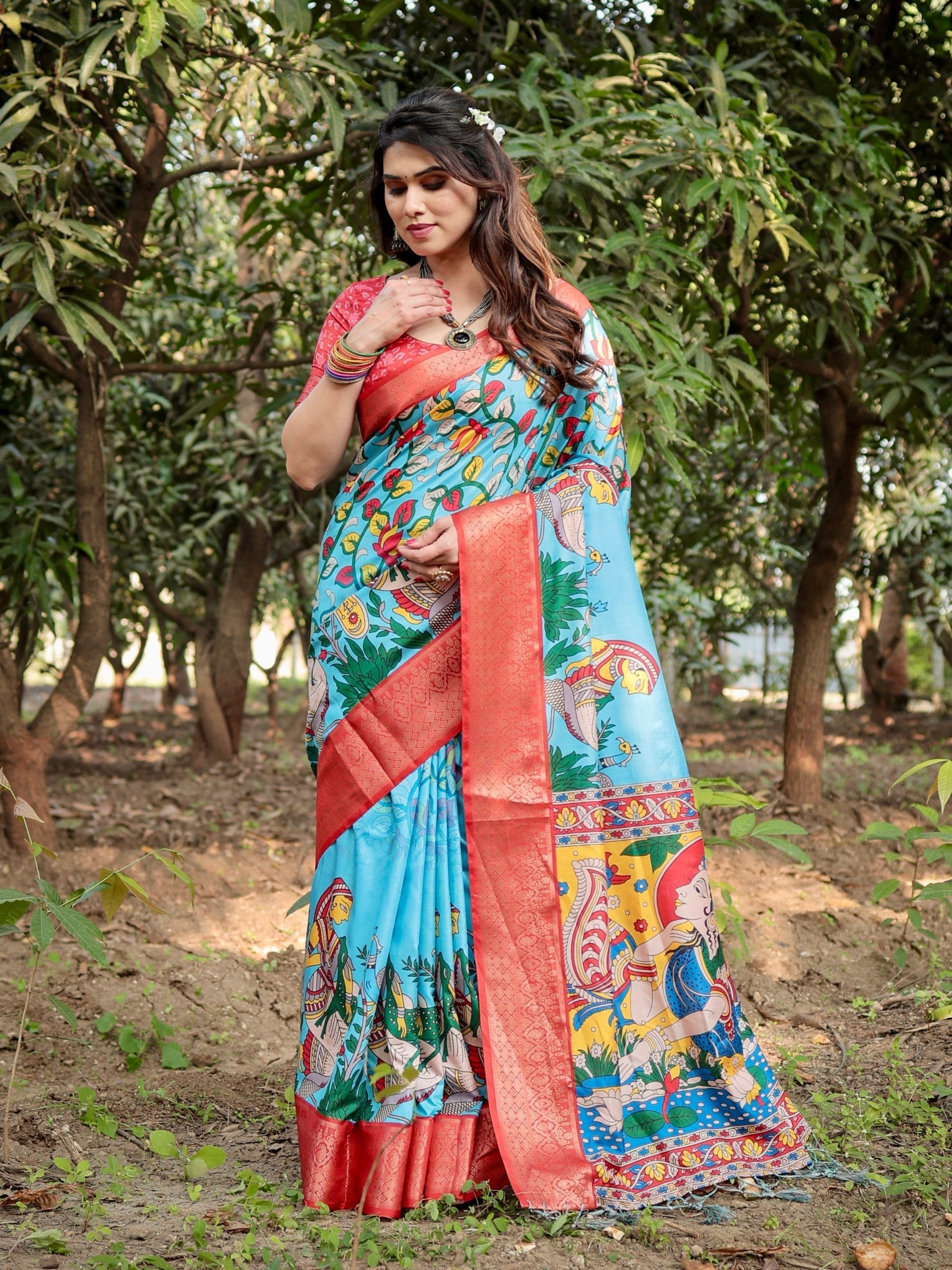 icultural Sky Blue Color Floral Printed Cotton Silk Saree