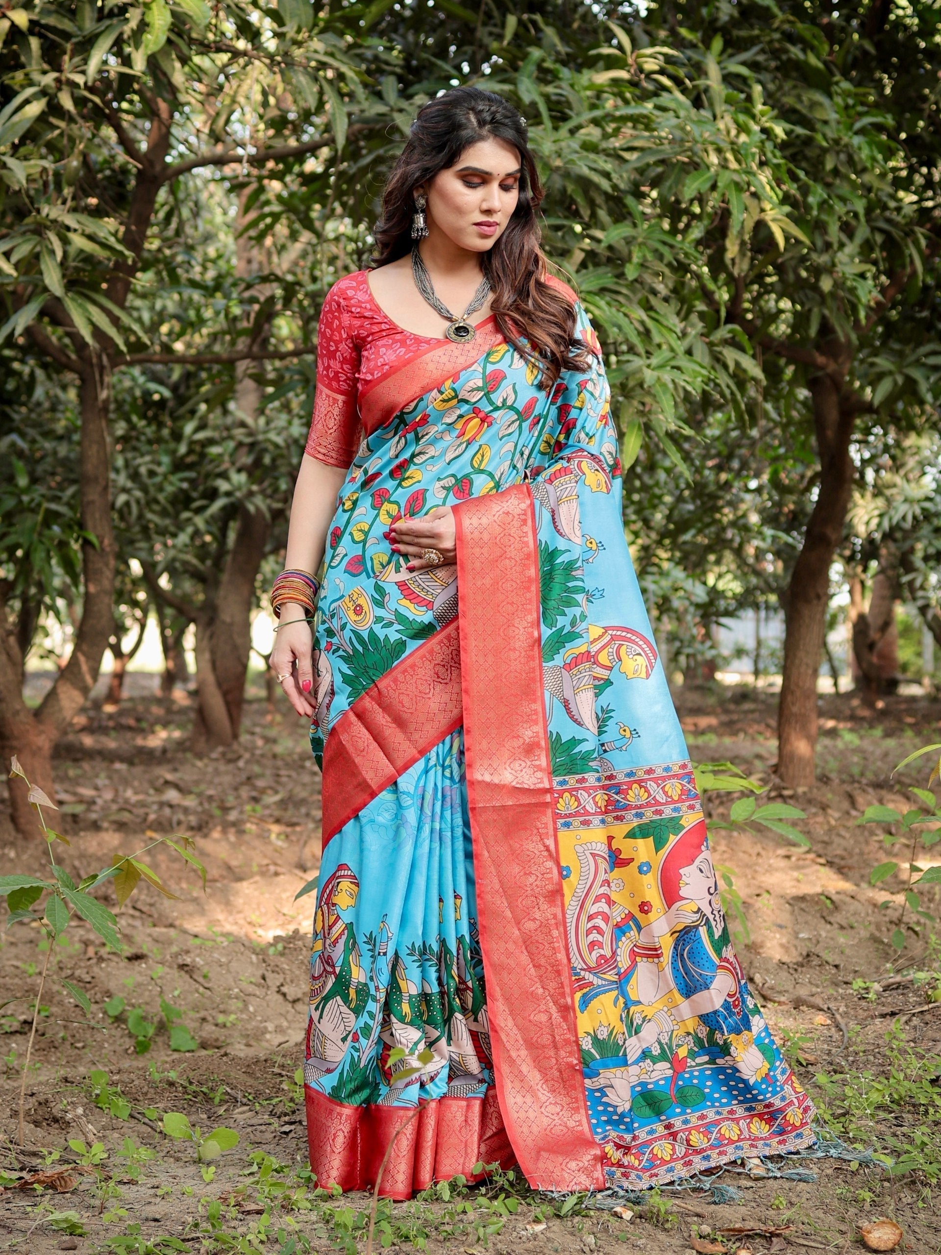 icultural Sky Blue Color Floral Printed Cotton Silk Saree