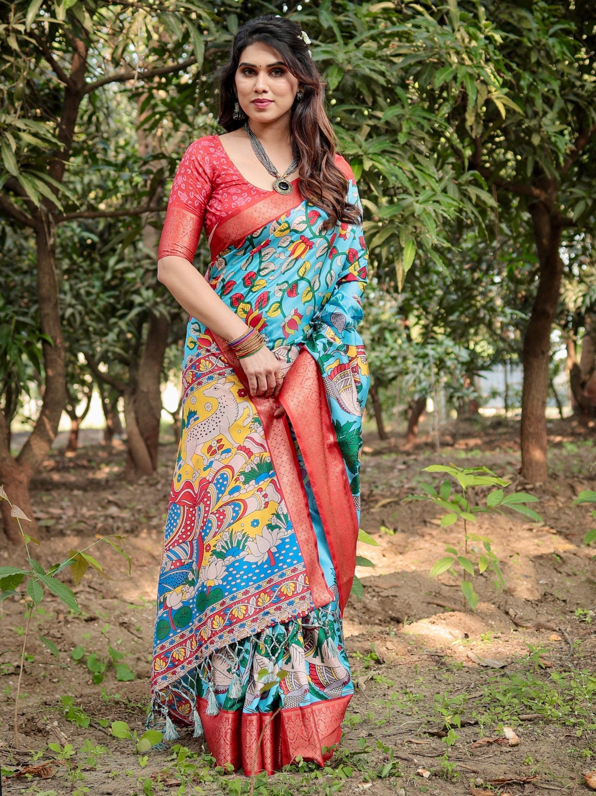 icultural Sky Blue Color Floral Printed Cotton Silk Saree