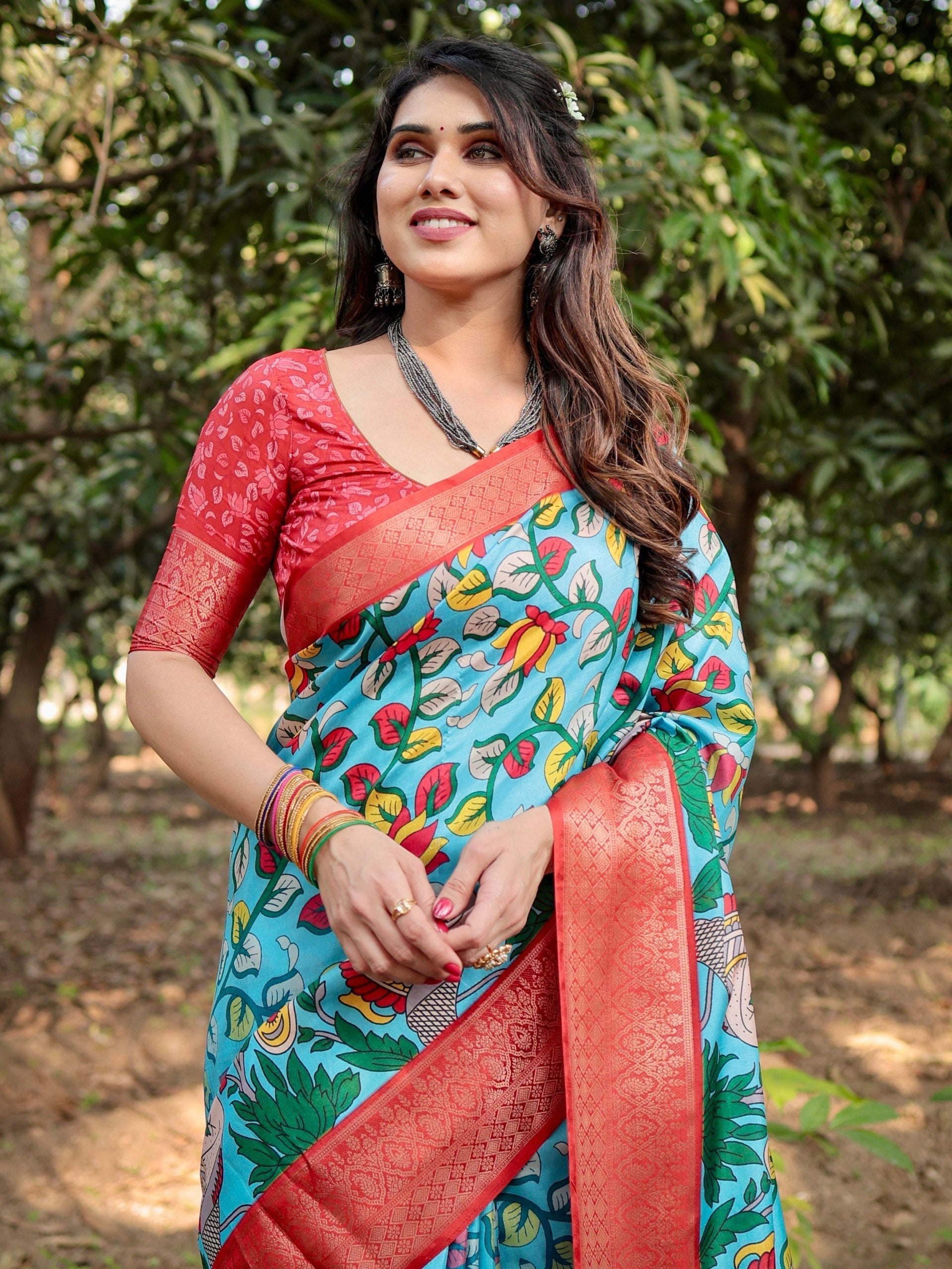 icultural Sky Blue Color Floral Printed Cotton Silk Saree