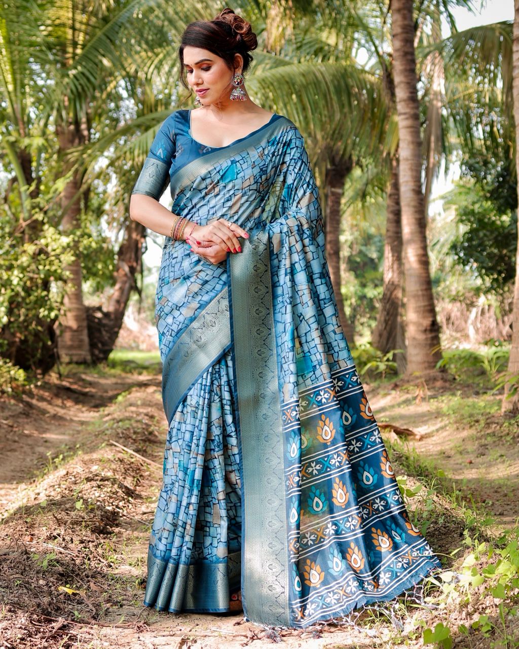 Rama Color Floral Printed Cotton Silk Saree