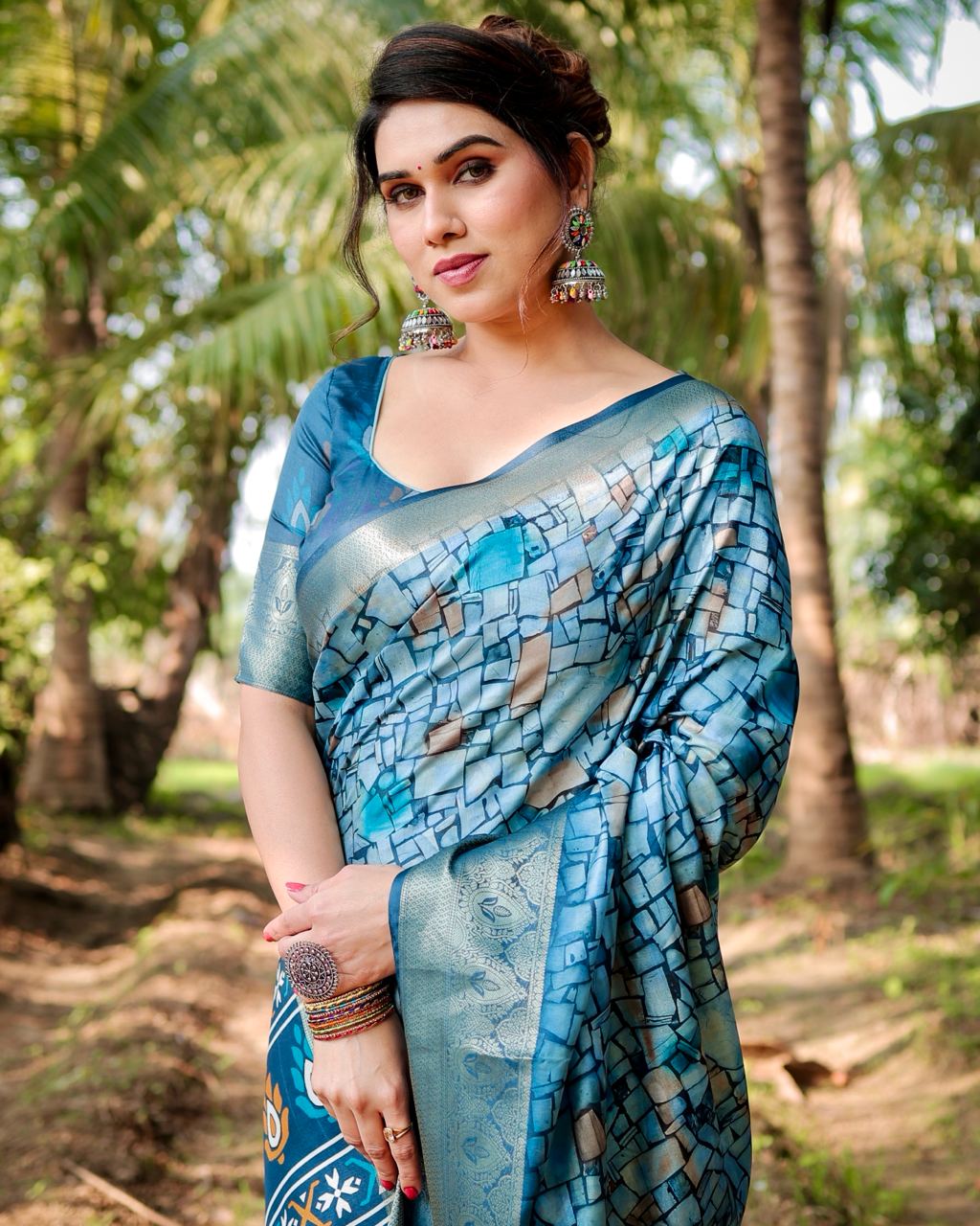 Rama Color Floral Printed Cotton Silk Saree