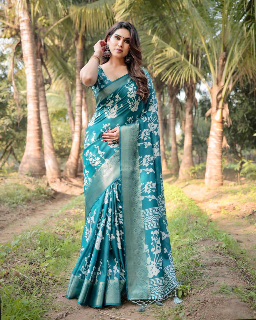 icultural Blue Floral Printed Cotton Silk Saree