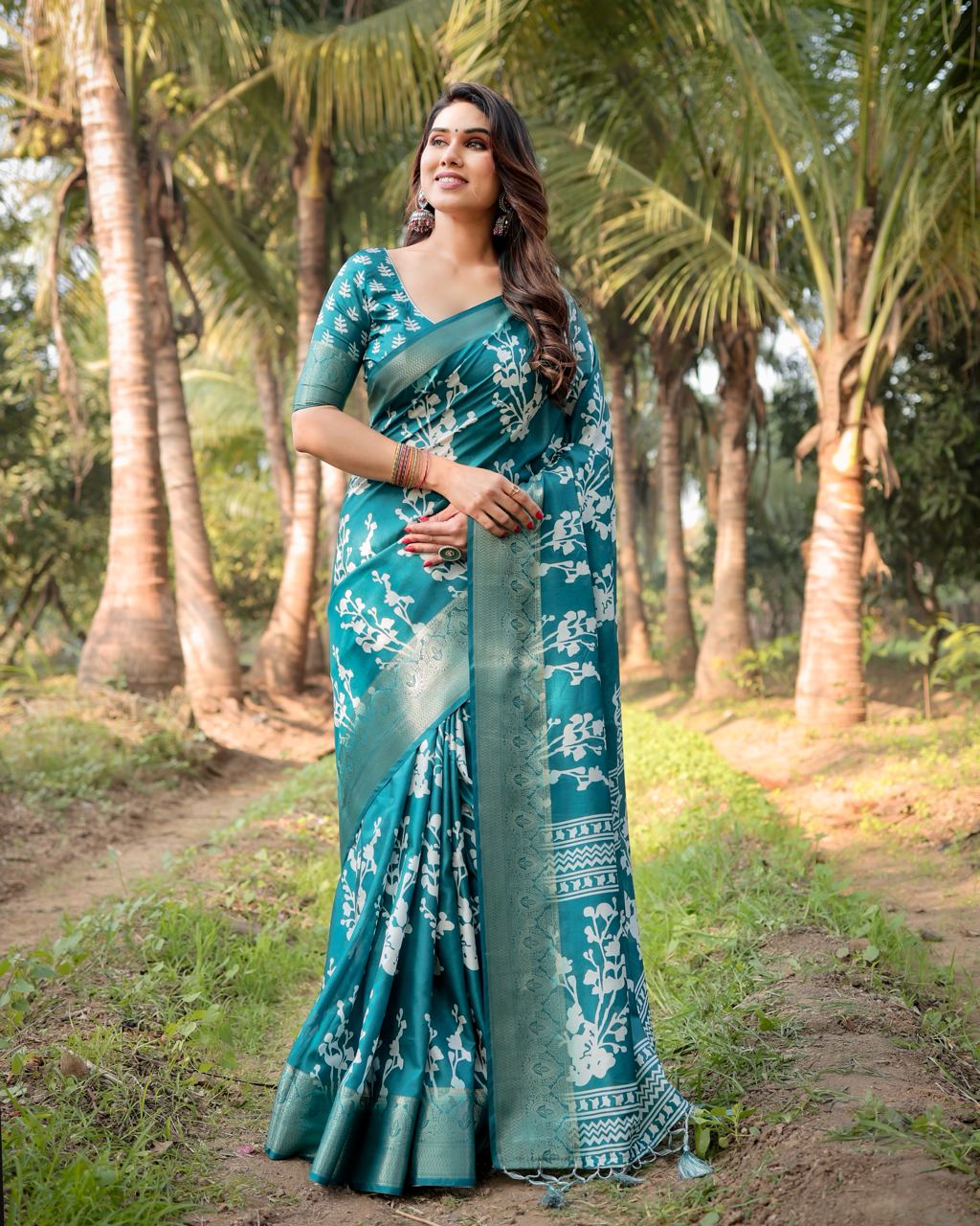icultural Blue Floral Printed Cotton Silk Saree