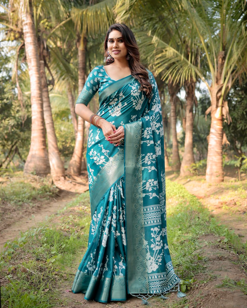 icultural Blue Floral Printed Cotton Silk Saree