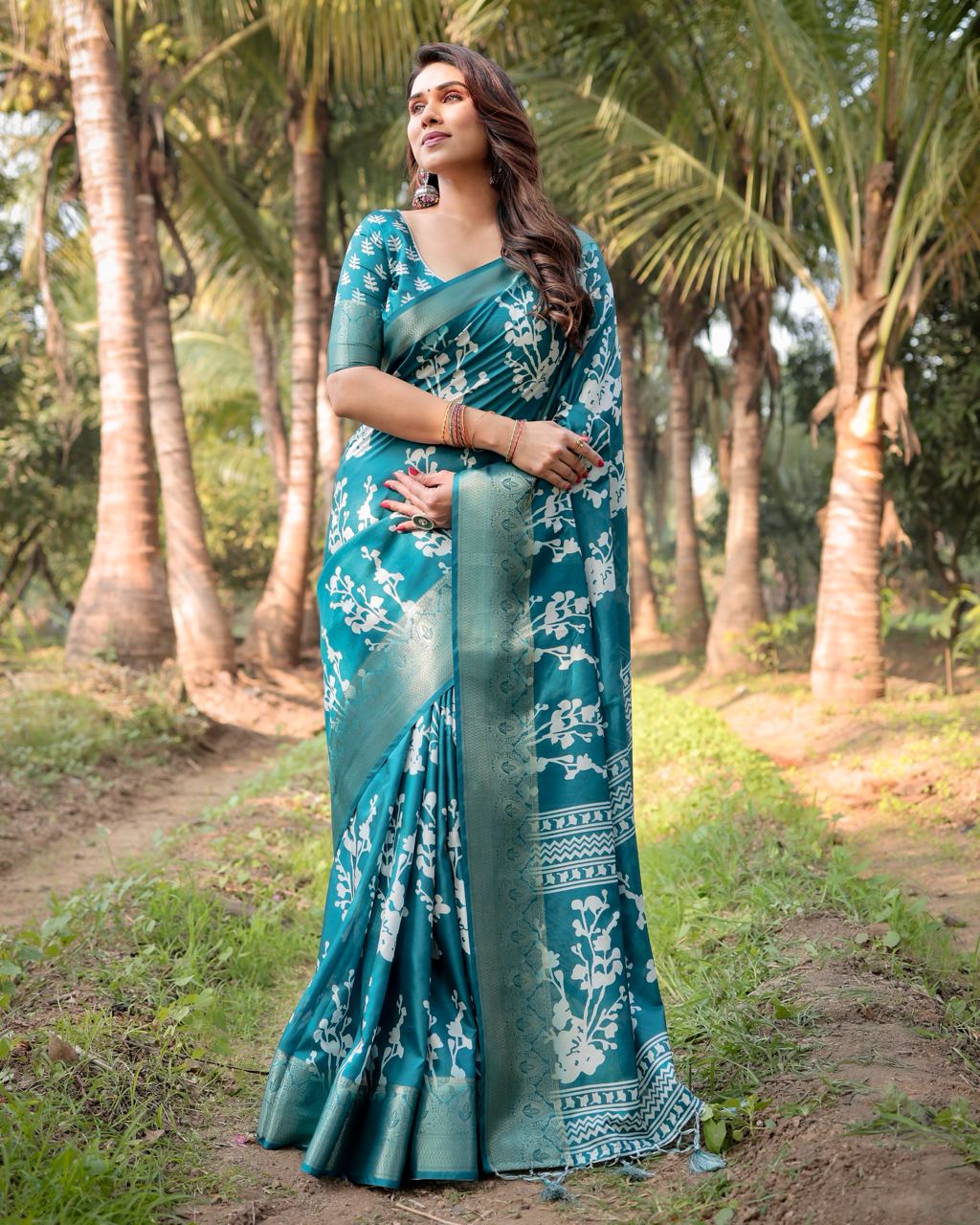 icultural Blue Floral Printed Cotton Silk Saree