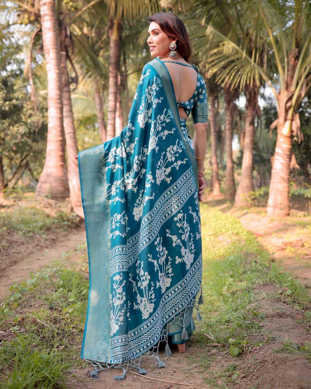 icultural Blue Floral Printed Cotton Silk Saree
