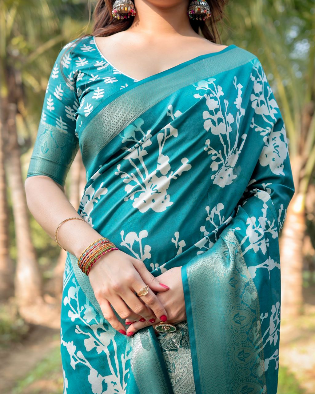 icultural Blue Floral Printed Cotton Silk Saree