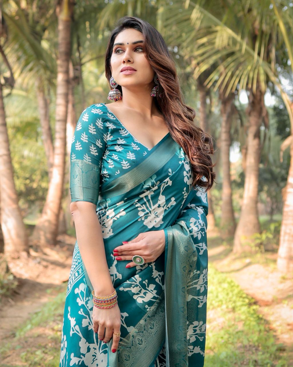 icultural Blue Floral Printed Cotton Silk Saree