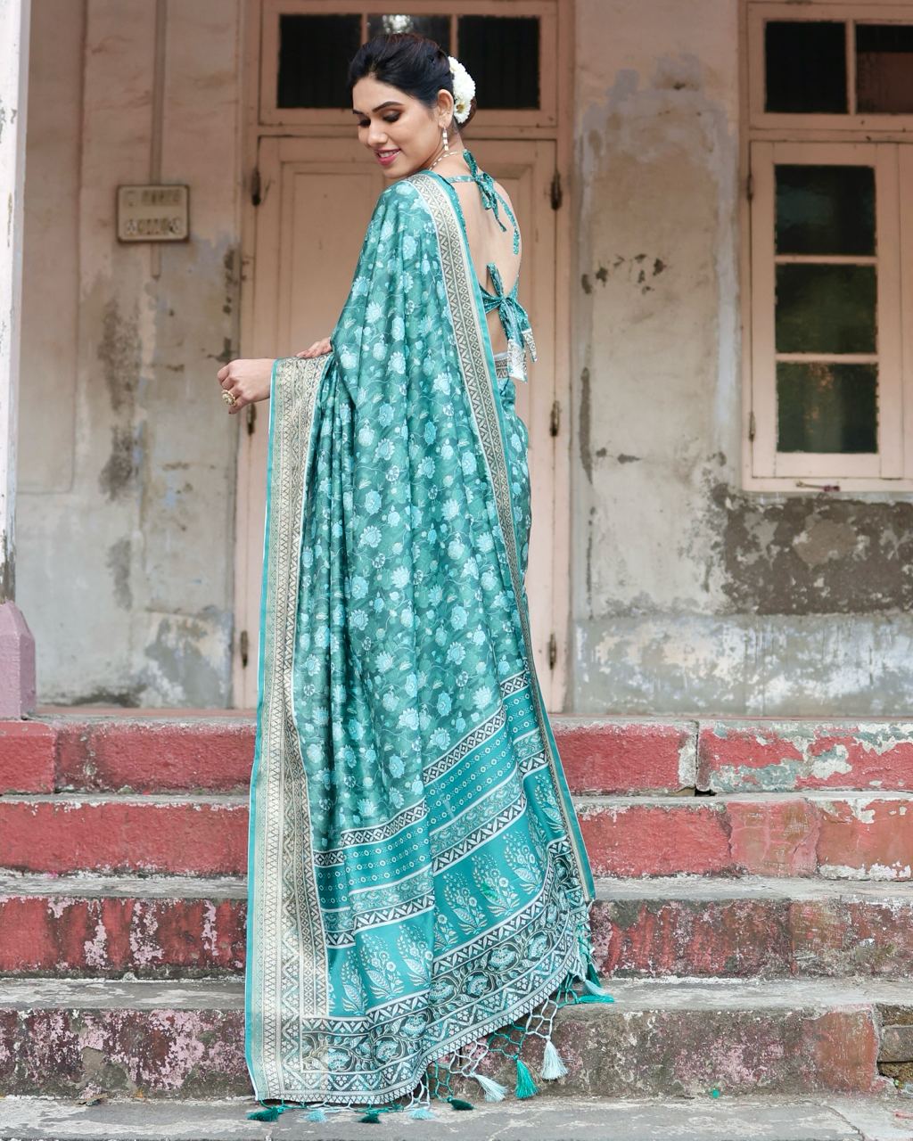 Delightful Rama Floral Printed Cotton Silk Saree