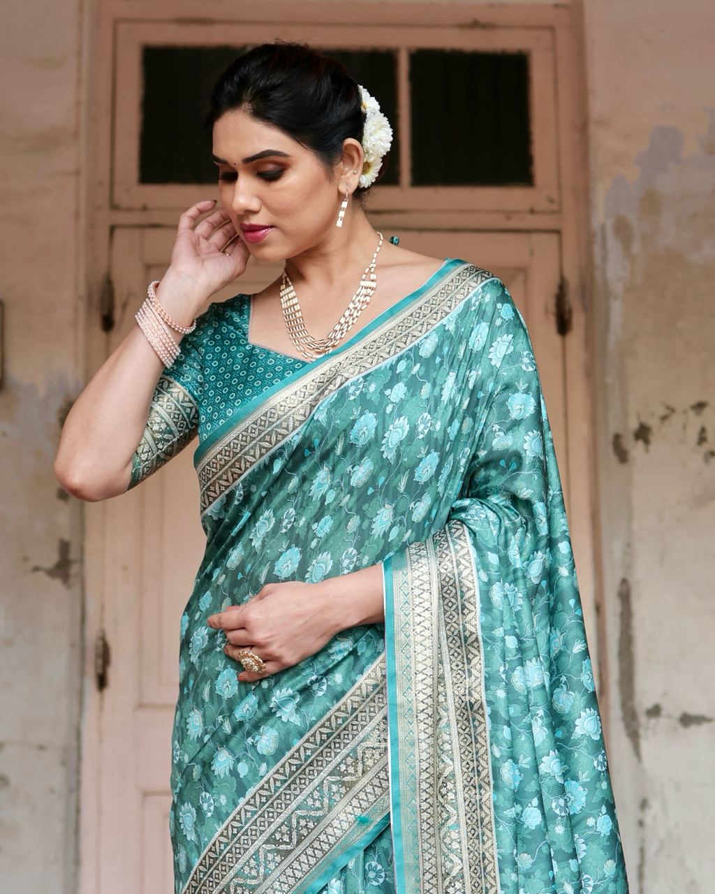 Delightful Rama Floral Printed Cotton Silk Saree