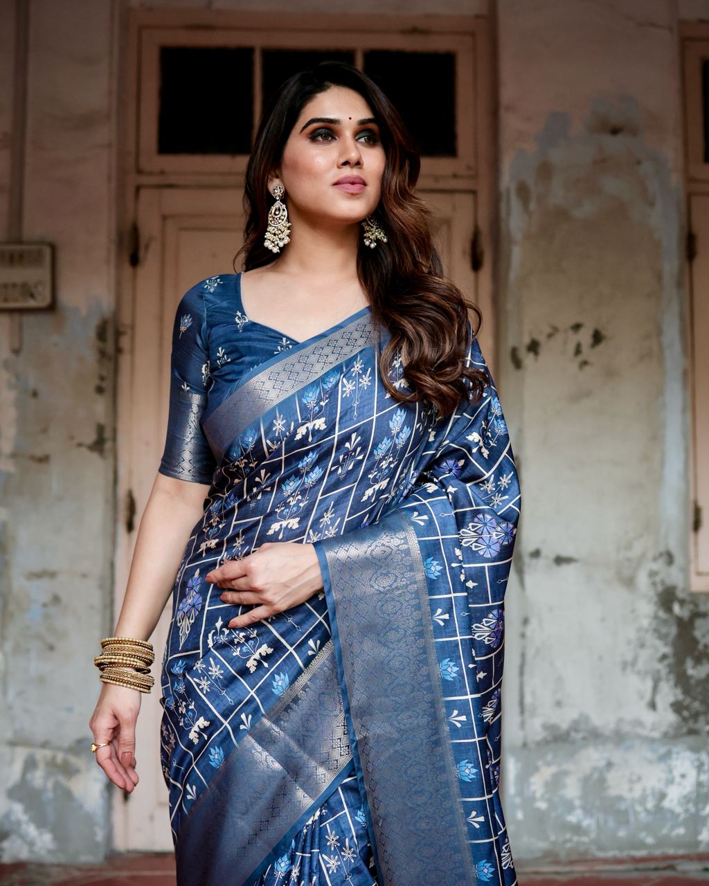 Navy Blue Floral Printed Cotton Silk Saree