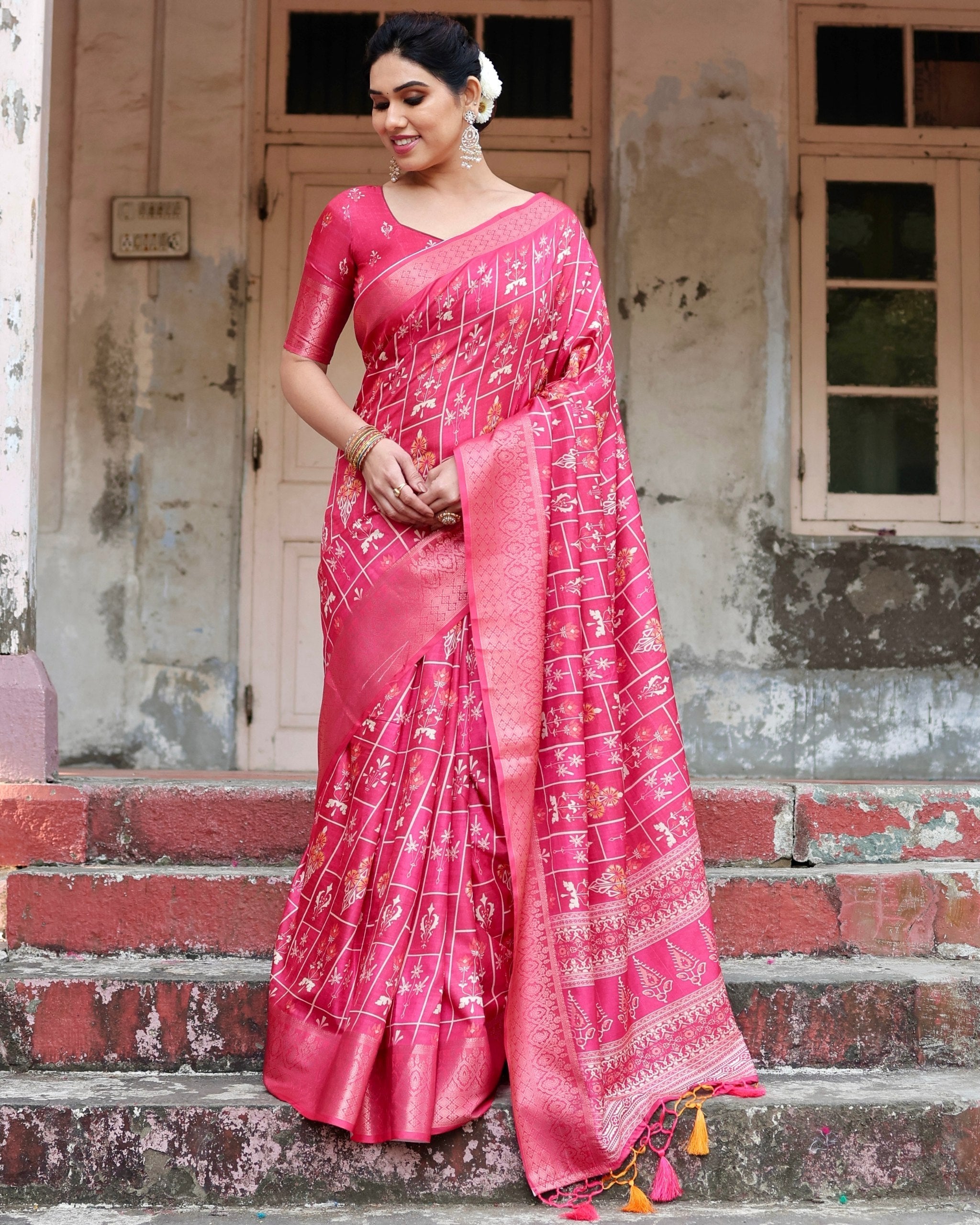 icultural Pink Printed Cotton Silk Saree