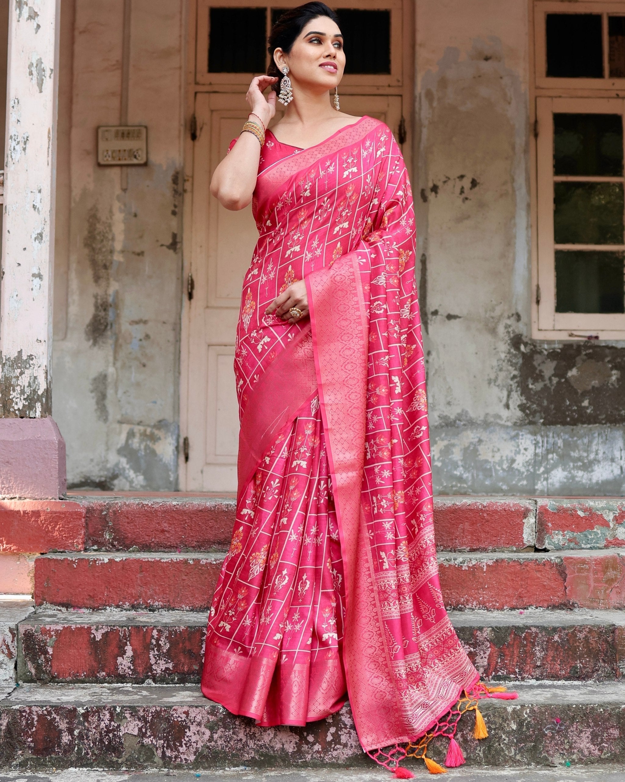 icultural Pink Printed Cotton Silk Saree