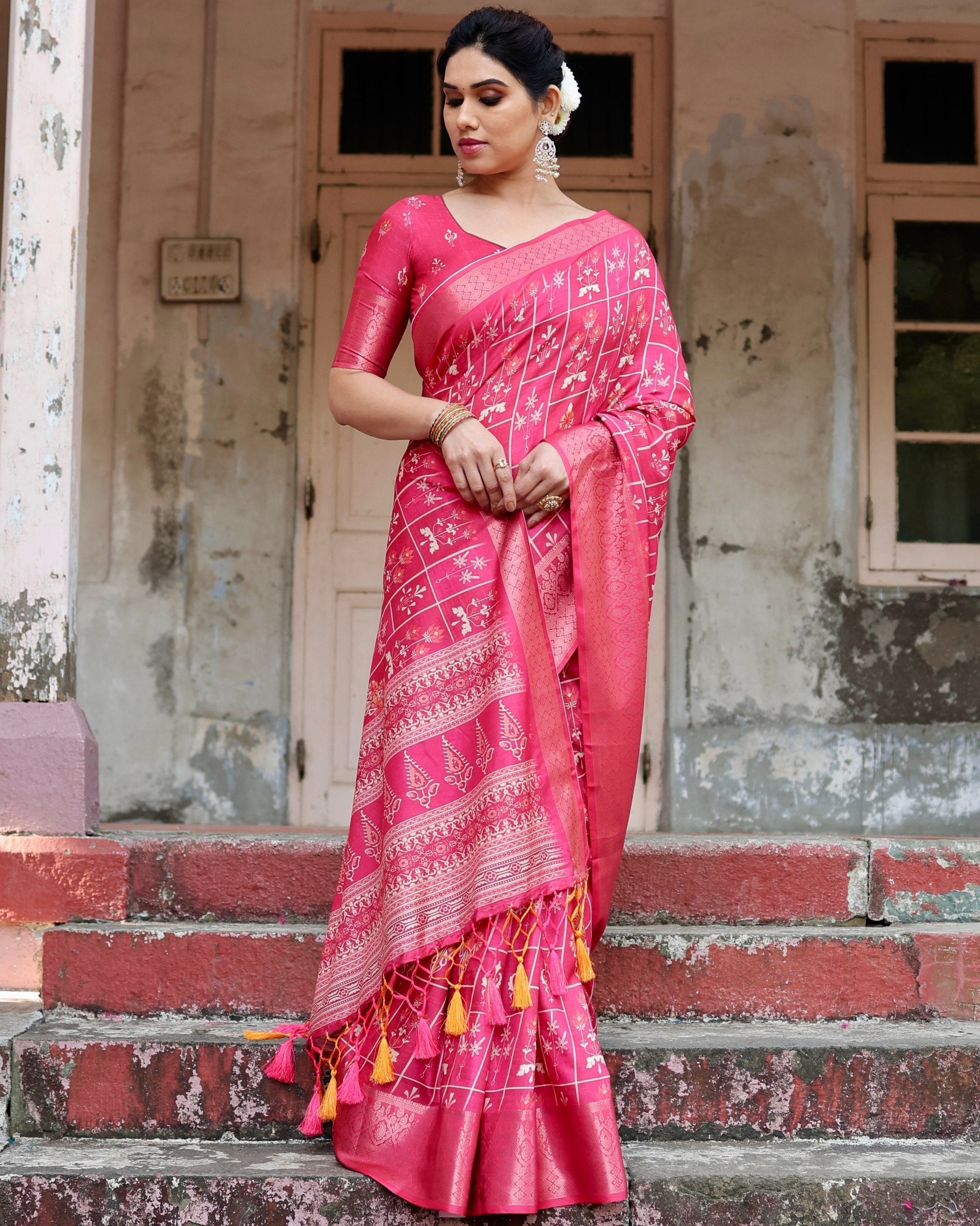 icultural Pink Printed Cotton Silk Saree