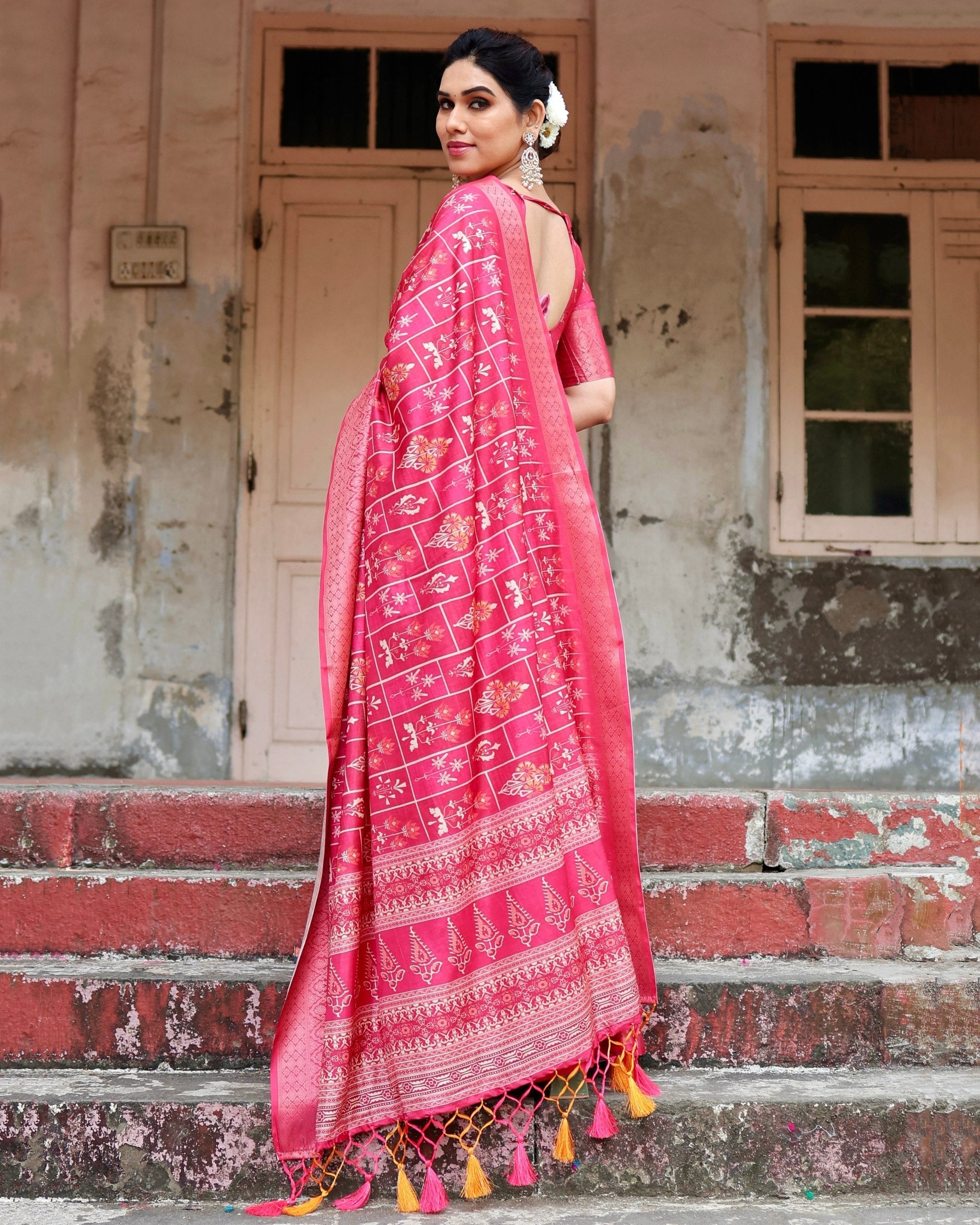 icultural Pink Printed Cotton Silk Saree