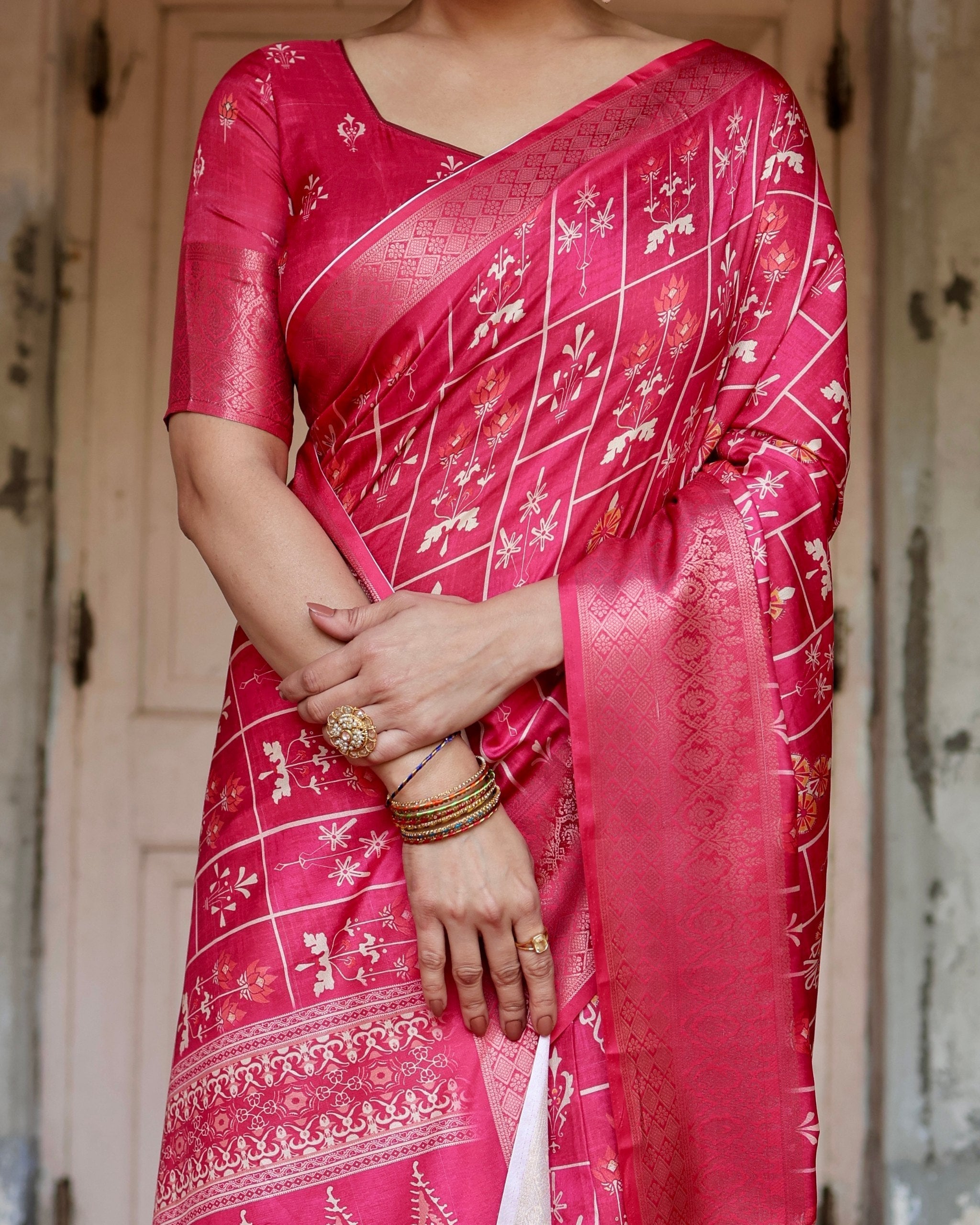 icultural Pink Printed Cotton Silk Saree