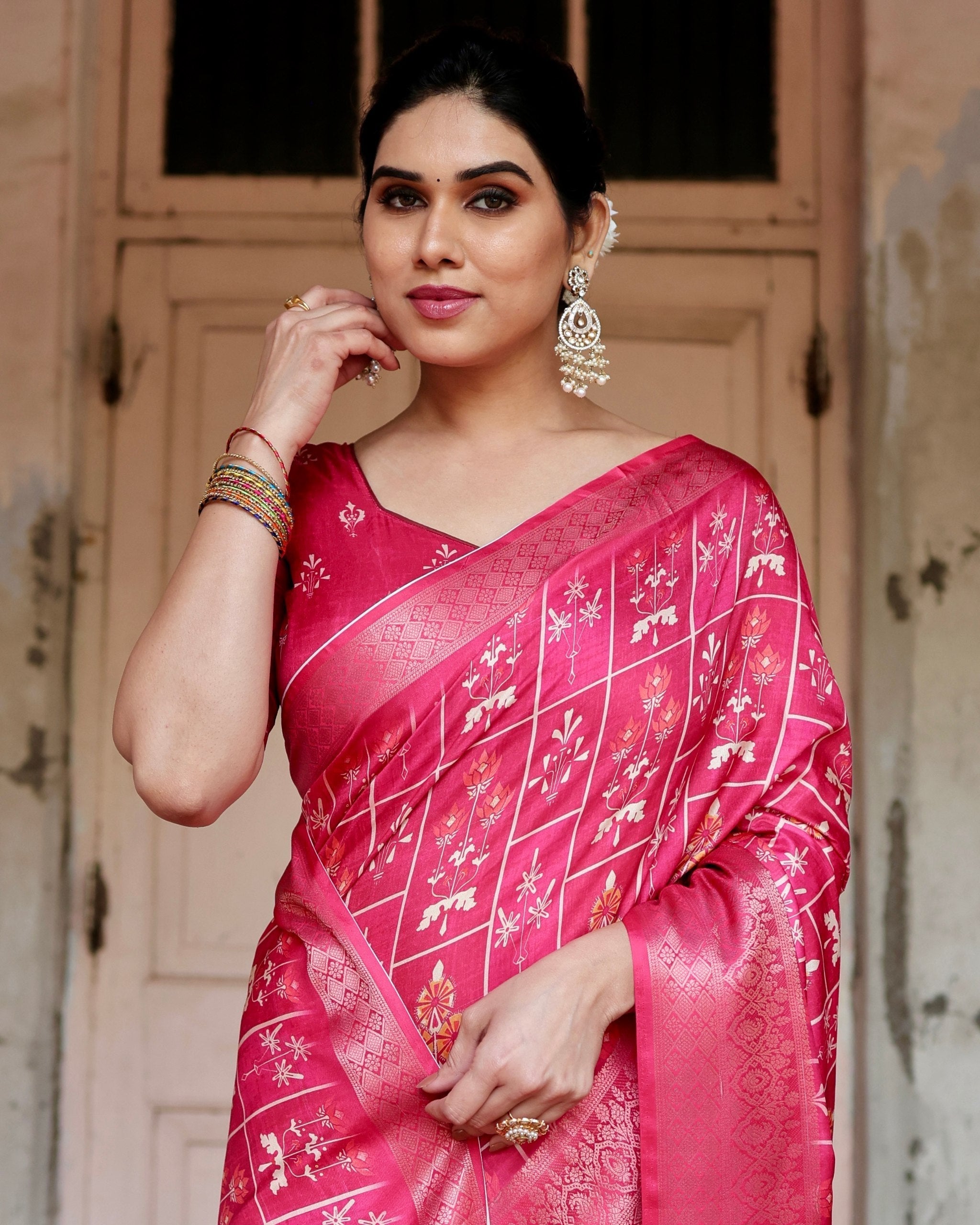 icultural Pink Printed Cotton Silk Saree