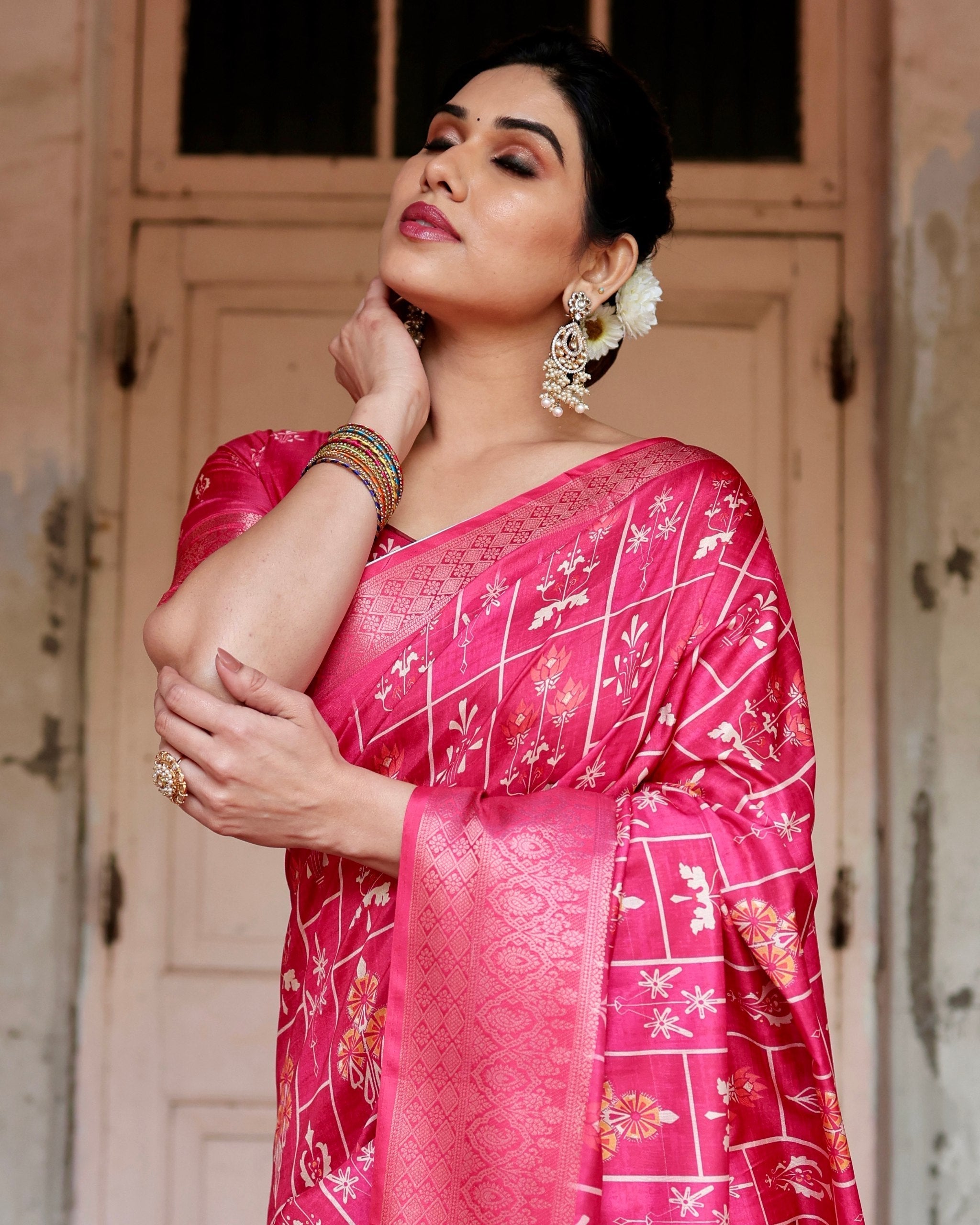 icultural Pink Printed Cotton Silk Saree
