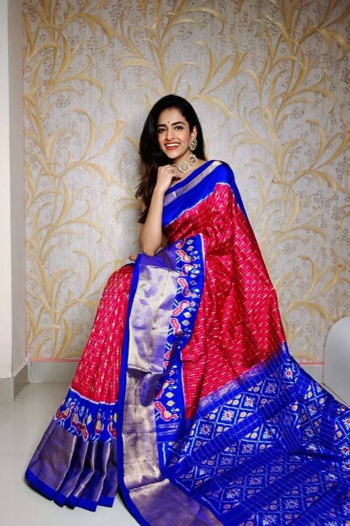 Red & Bkue Ikkat Printed Handloom Soft Silk by Icultuer