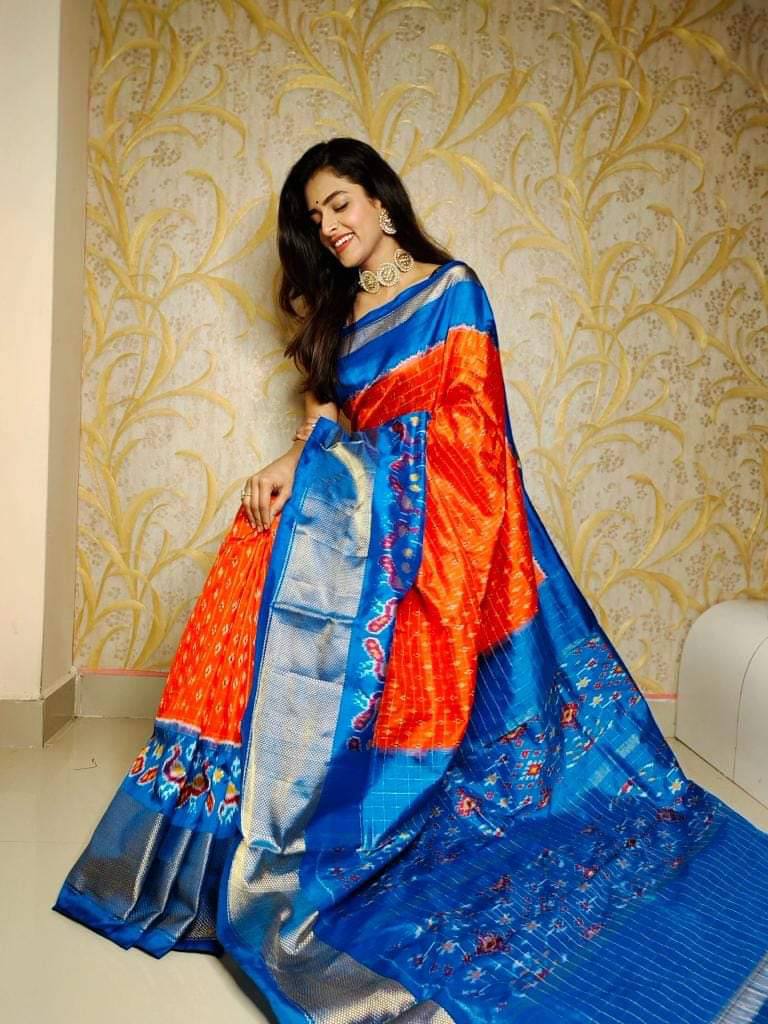 Orange & Sky Blue Soft Silk Handloom by Icultuer