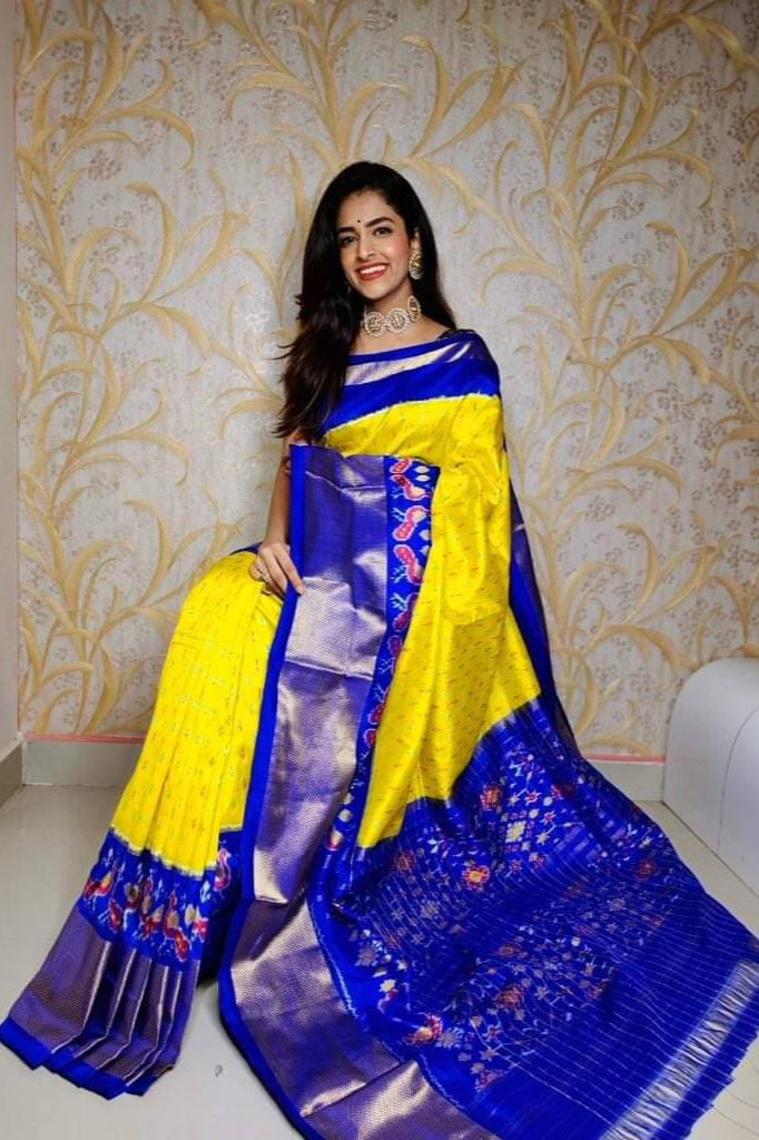 Yellow & Bule Handloom Soft Silk by Icultuer