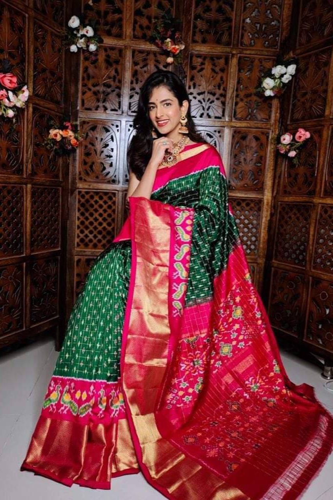 Dark Green Handloom Soft Silk ikkat Printed by Icultuer