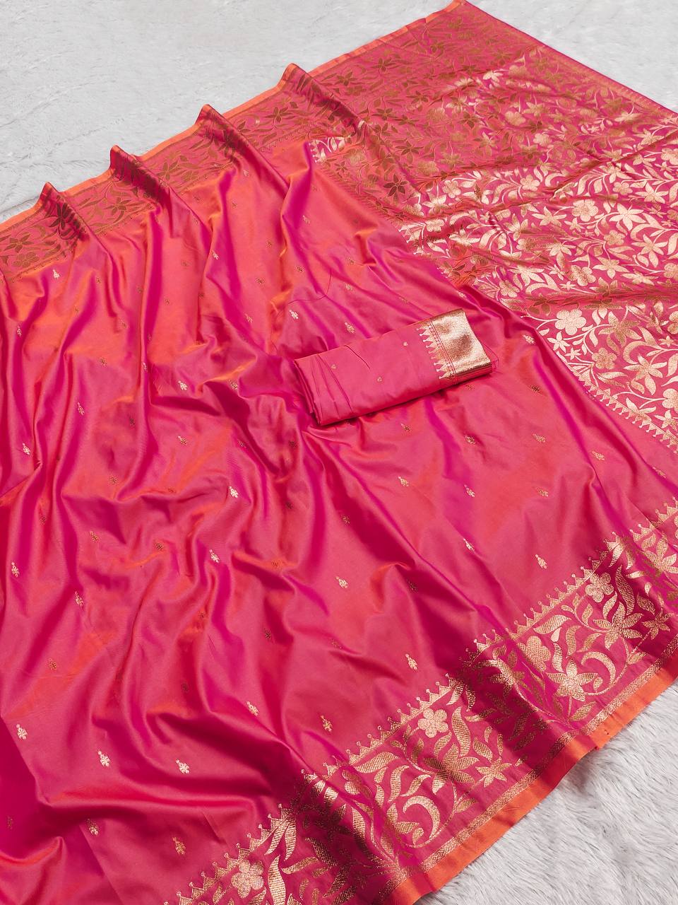 Elegant Rani Pink & Orange Dual-Tone Banarasi Soft Silk Saree with Zari Floral Border