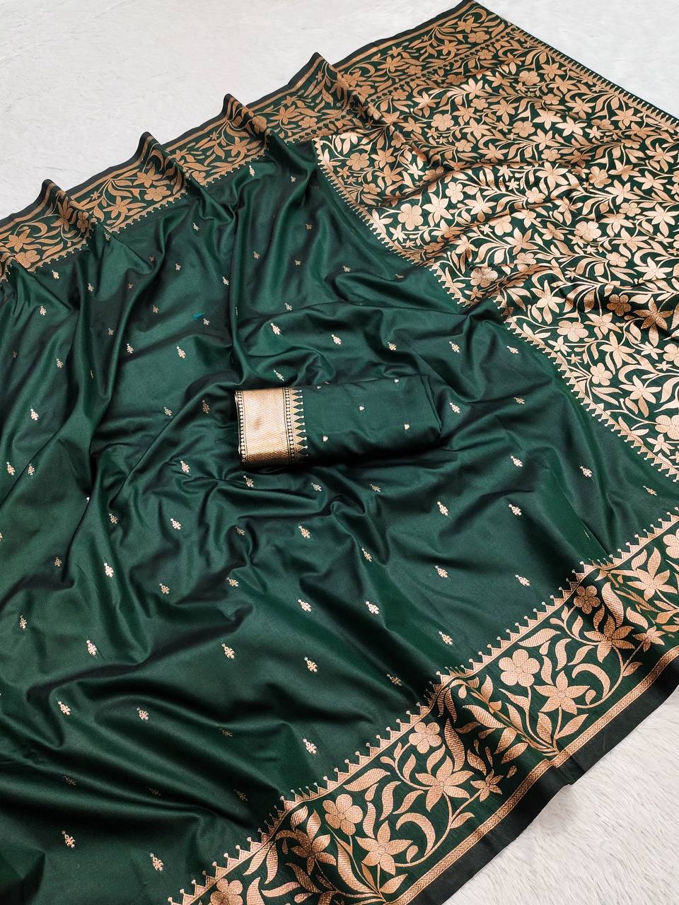 Emerald Green Soft Silk Saree with icultural Copper Zari Floral Weaving