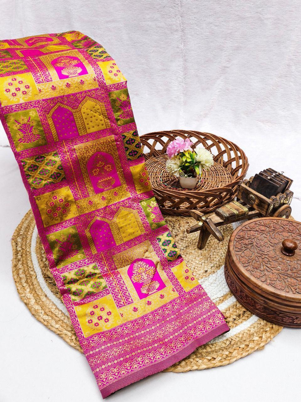 Exquisite Rani Pink & Mustard Yellow Kanjivaram Silk Saree