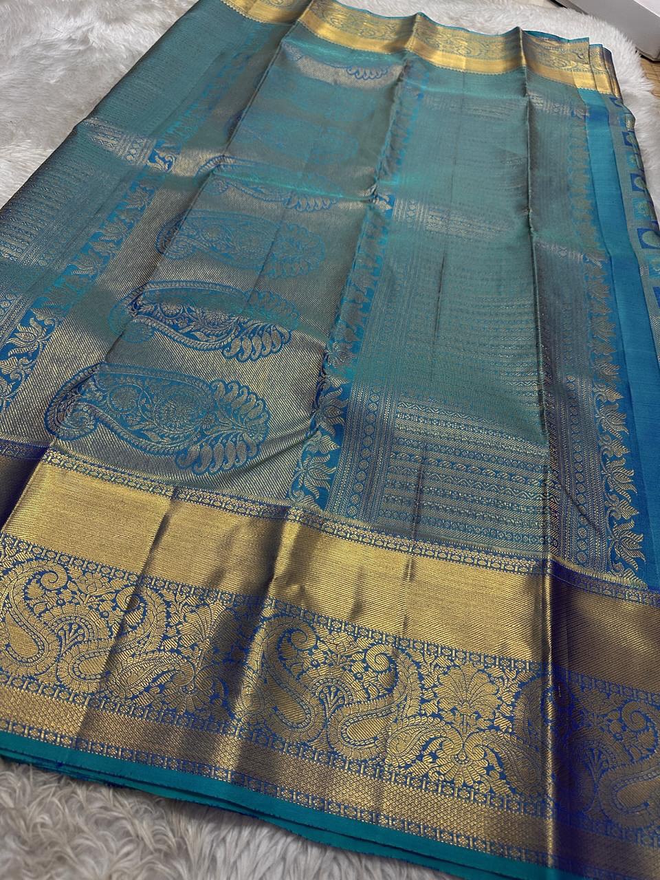 icultural Peacock icultural & Gold Kanchipuram Silk Saree with Paisley & Elephant Motifs