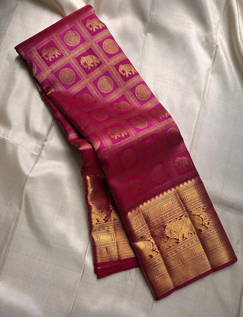 Royal icultural Kanjivaram Silk Saree with Elephant & Mandala Zari Butta