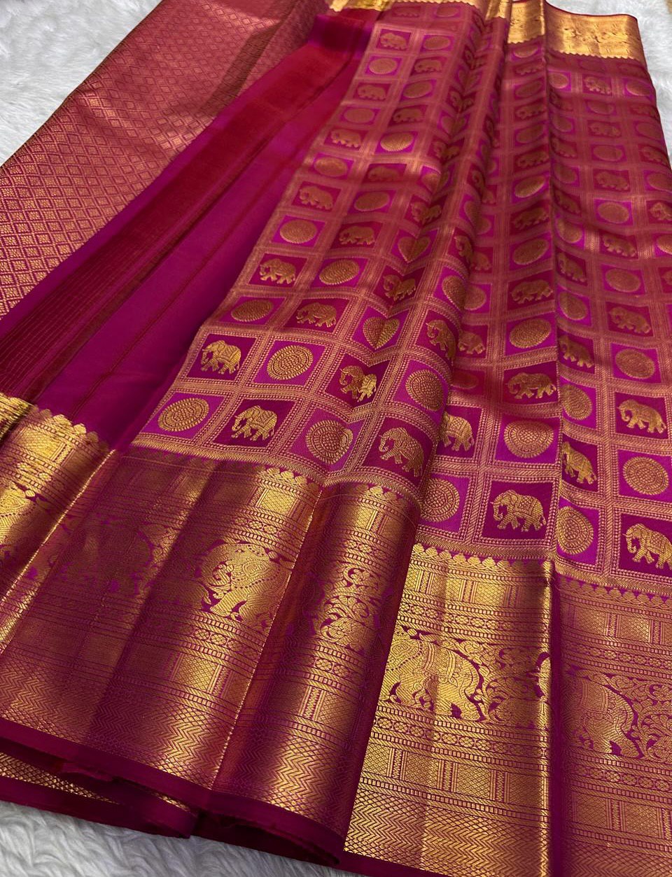Royal icultural Kanjivaram Silk Saree with Elephant & Mandala Zari Butta