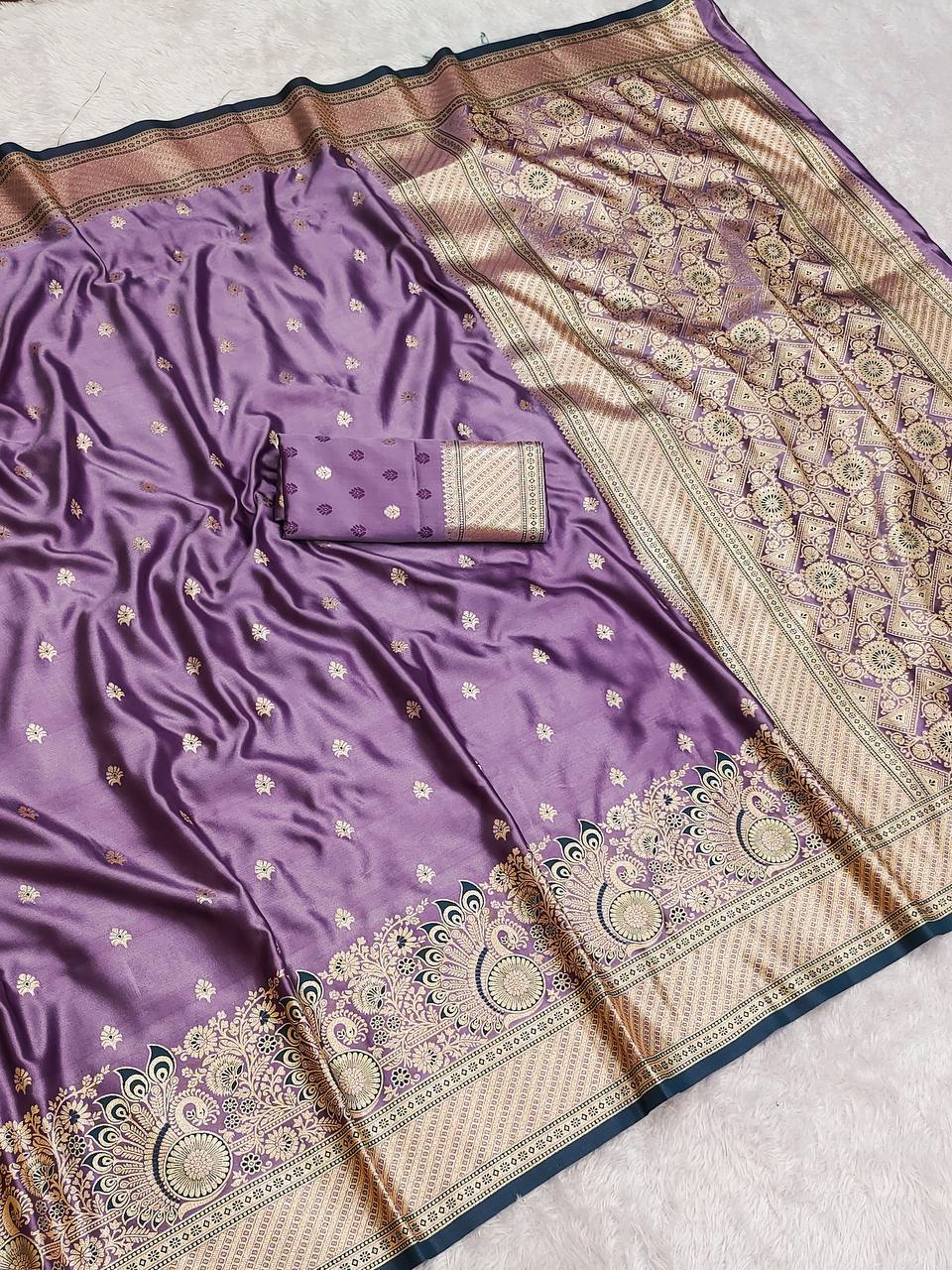 Elegant icultural Satin Silk Saree with Rich Gold Zari Peacocks and Heavy Pallu