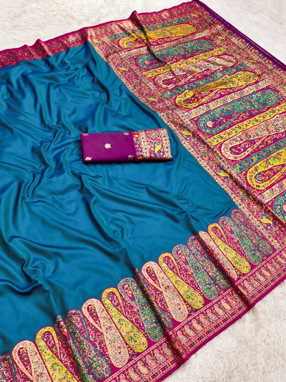 icultural Blue Pure Silk Saree with Multicolored Kashmiri Kalamkari Border & Pallu