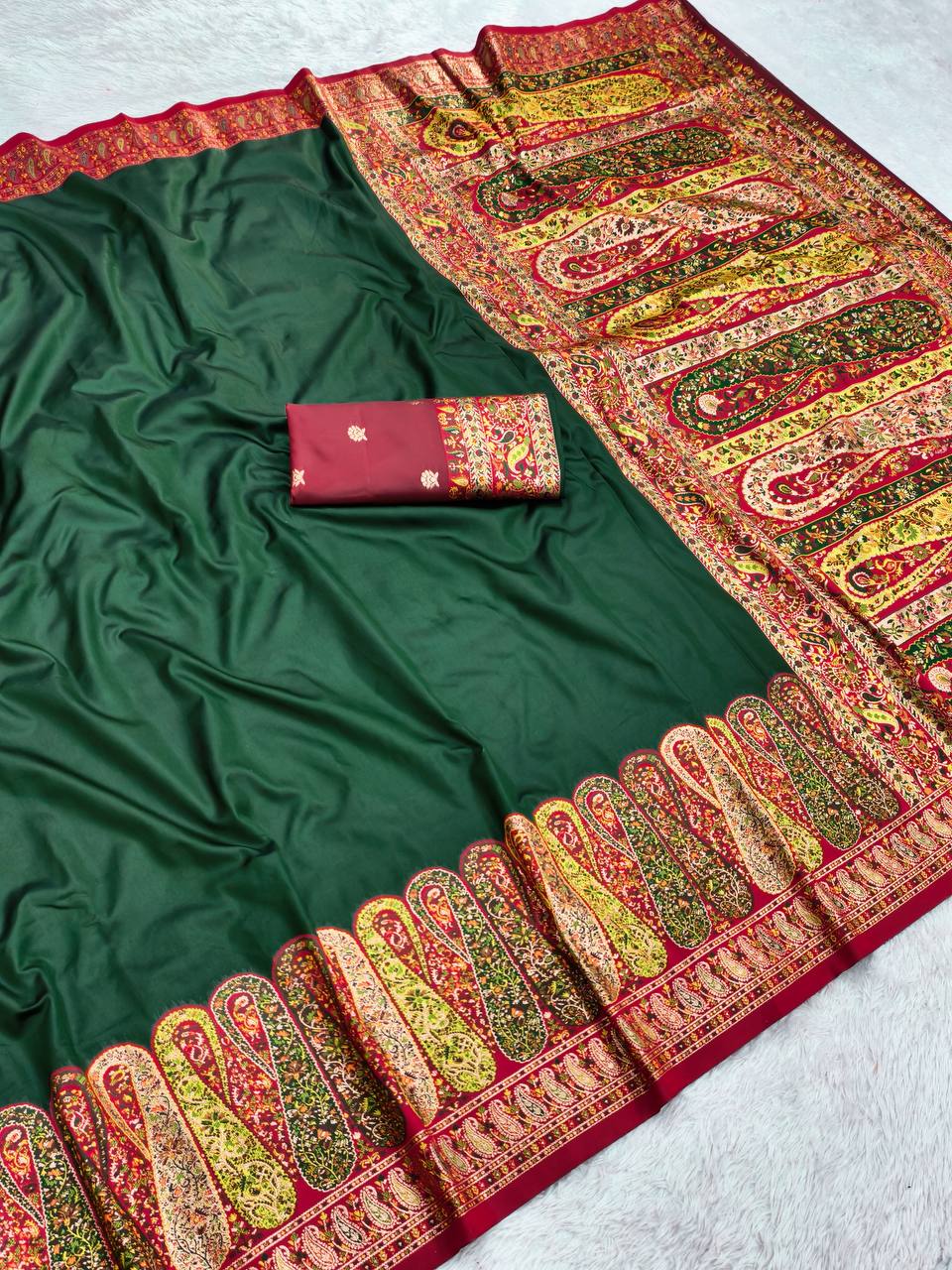 Bottle Green Silk Saree with Multicolored Kashmiri Weave Border & Floral Pallu