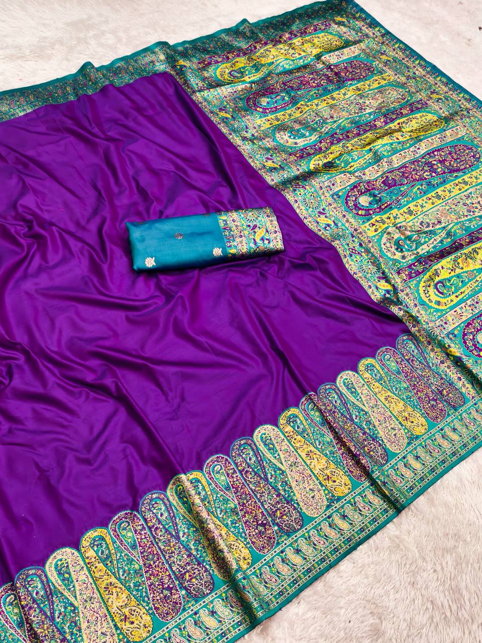 Royal Purple Silk Saree with icultural Blue Kashmiri Border & Vibrant Kalamkari Pallu